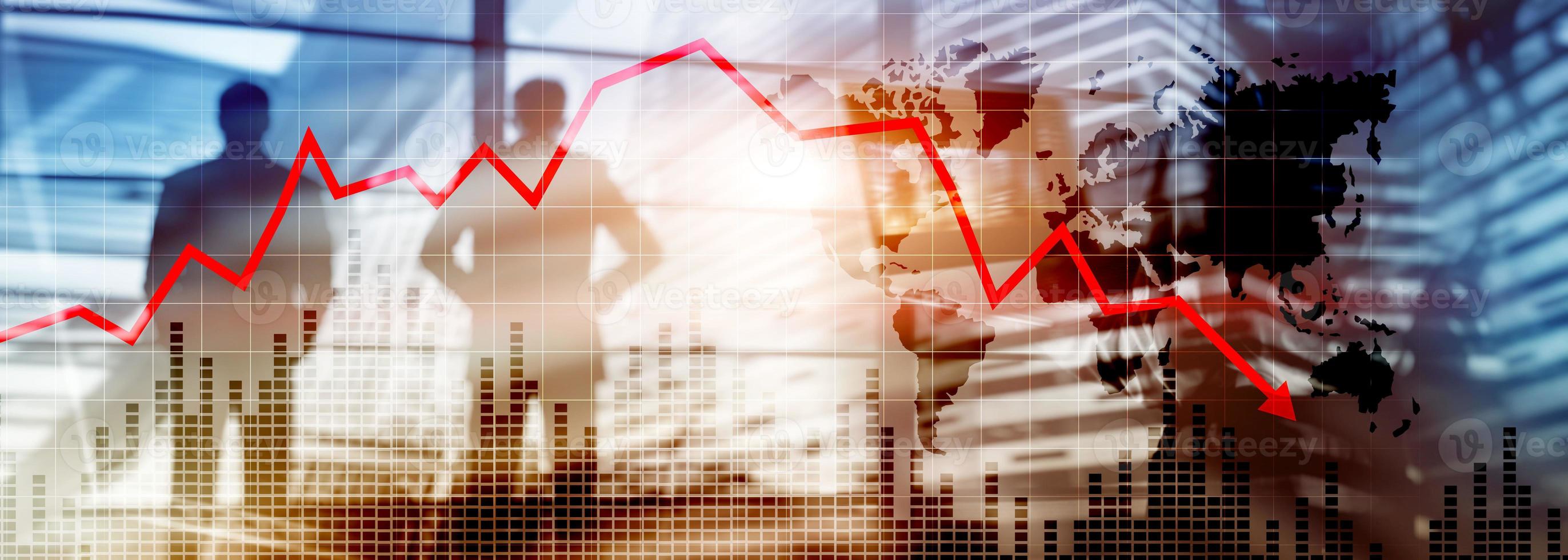Chart with red down arrow on abstract background. Falling growth in busines photo
