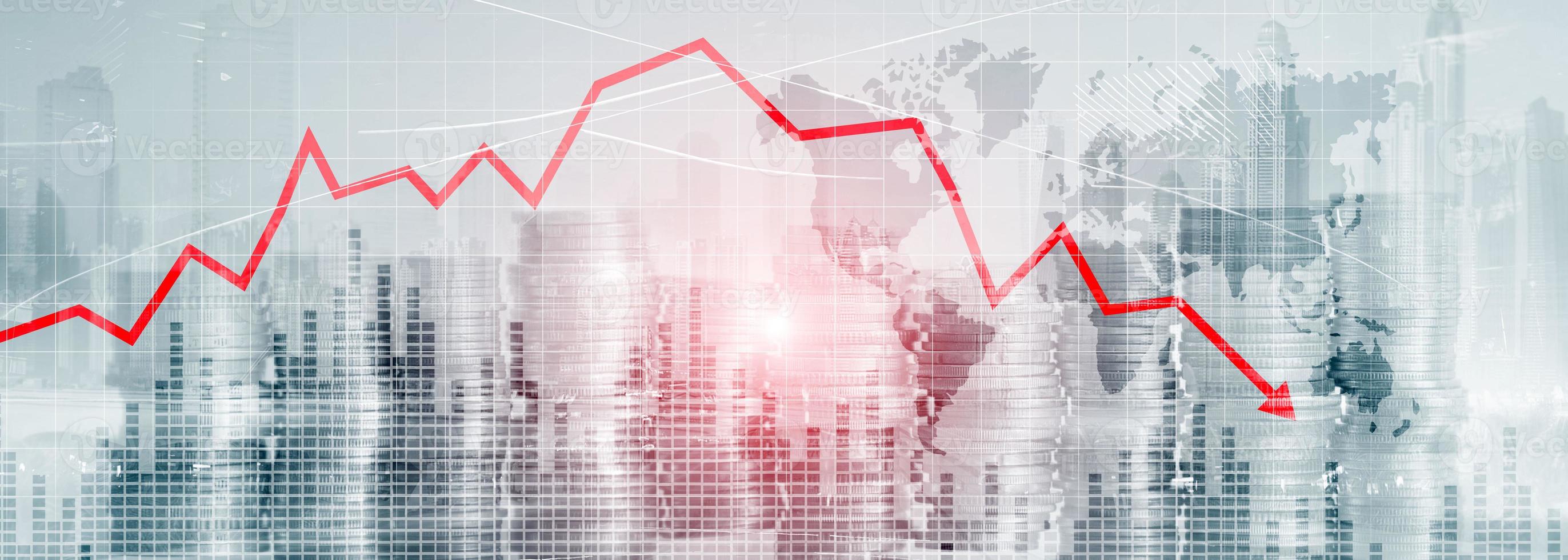 Chart with red down arrow on abstract background. Falling growth in business photo