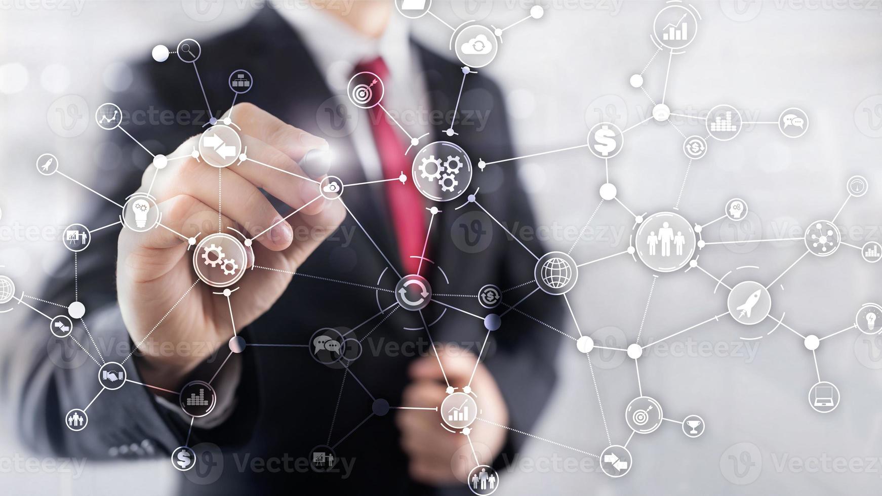 Business process structure industrial workflow diagram automation innovation concept on virtual screen mixed media. photo