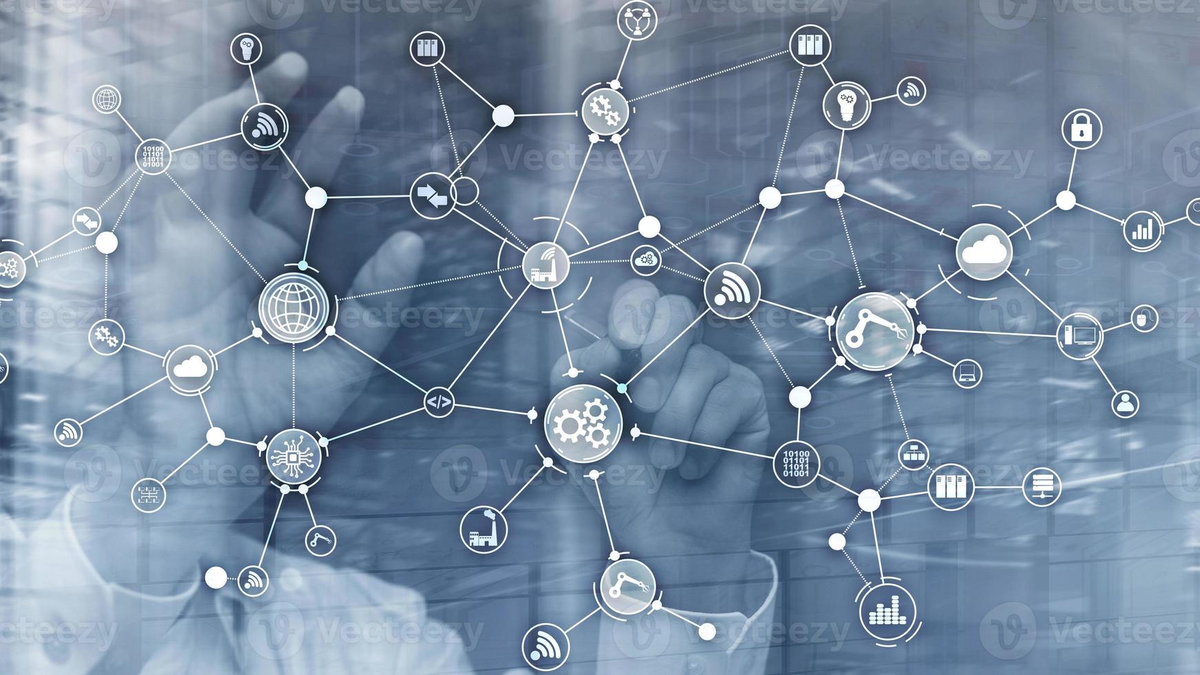 Technology industrial business process workflow organisation structure on virtual screen. IOT smart industry concept mixed media diagram photo