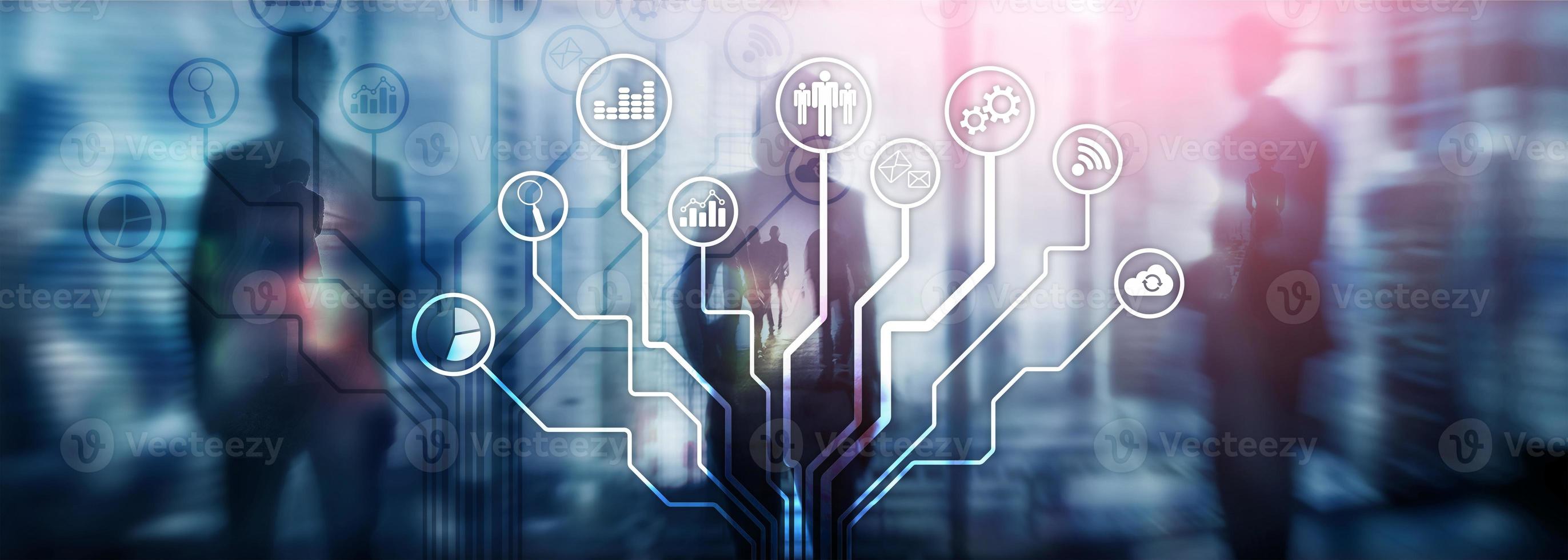 Business applications icons on blurred background. Financial and trading. Internet technology concept. photo