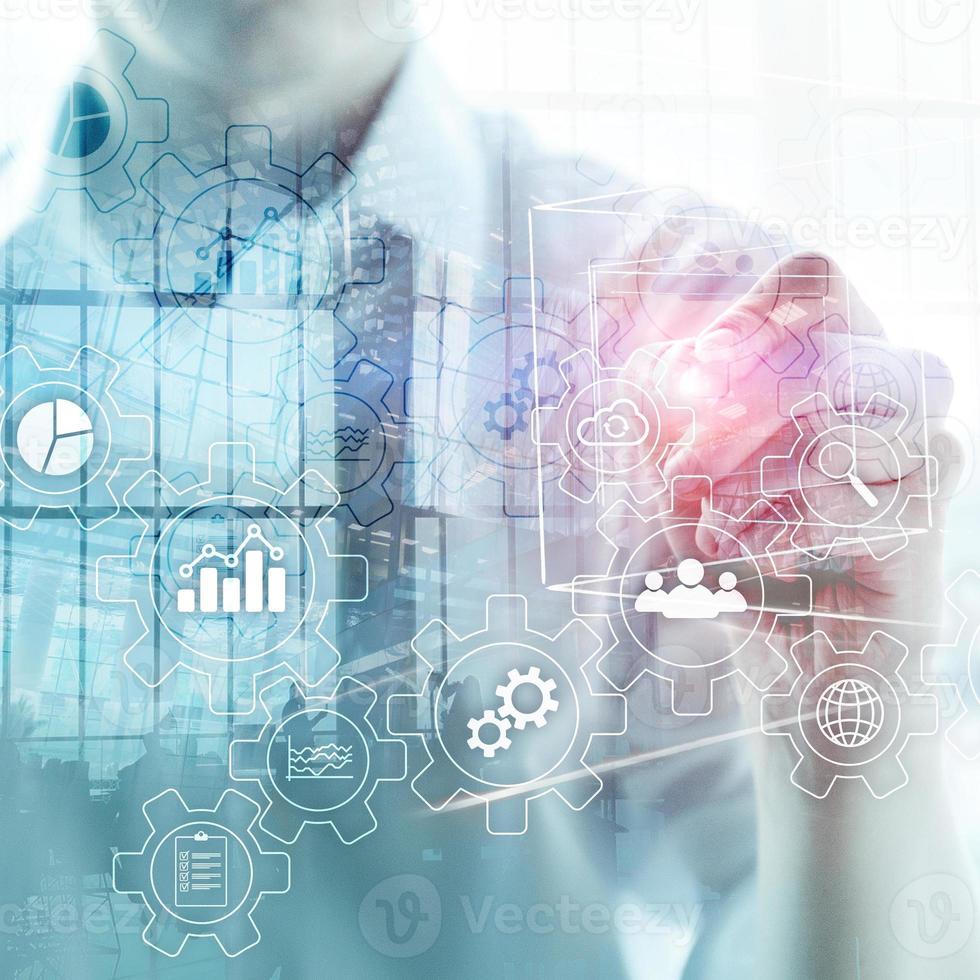 Business process abstract diagram with gears and icons. Workflow and automation technology concept photo