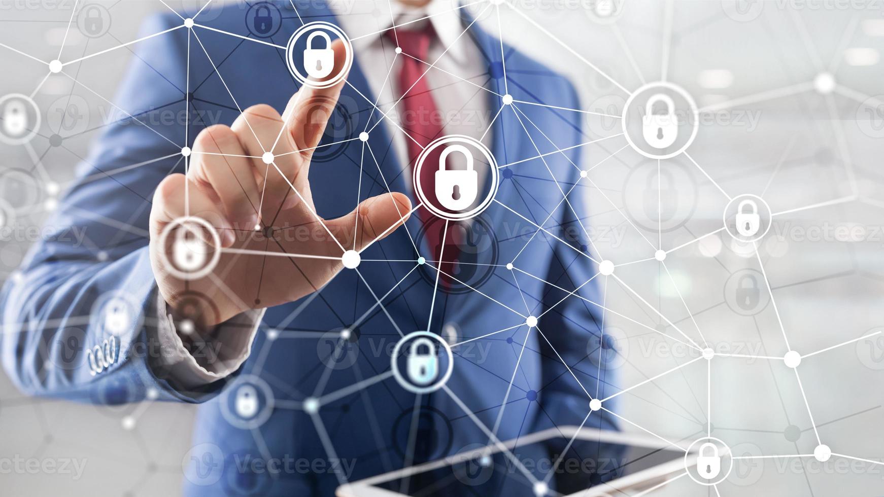Cyber security, information privacy, data protection concept on modern server room background. Internet and digital technology concept. photo