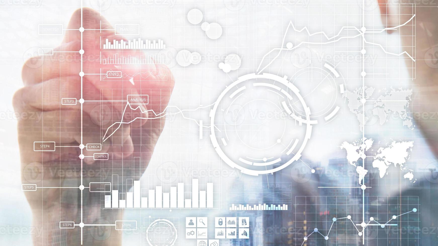 Business intelligence BI Key performance indicator KPI Analysis dashboard transparent blurred background. photo
