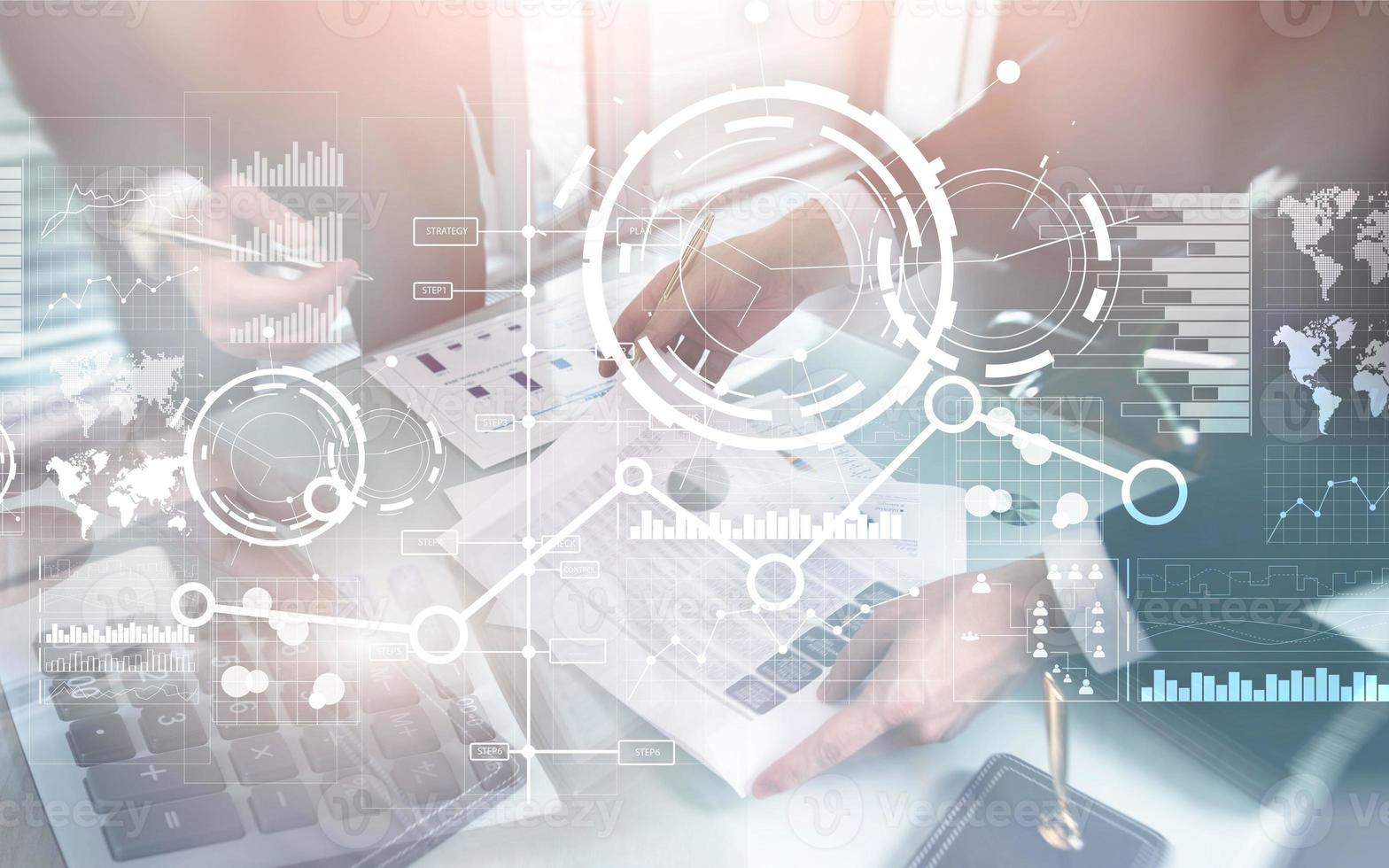Creative digital abstract business interface background. Financial chart graph diagram and icon on virtual screen. Double exposure. photo