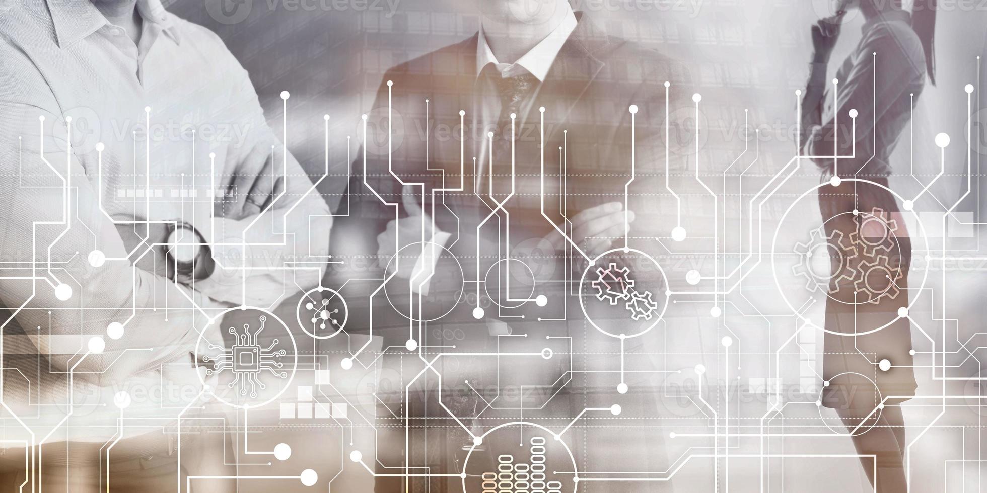 Electronic circuit board processor and gears on abstract business background photo