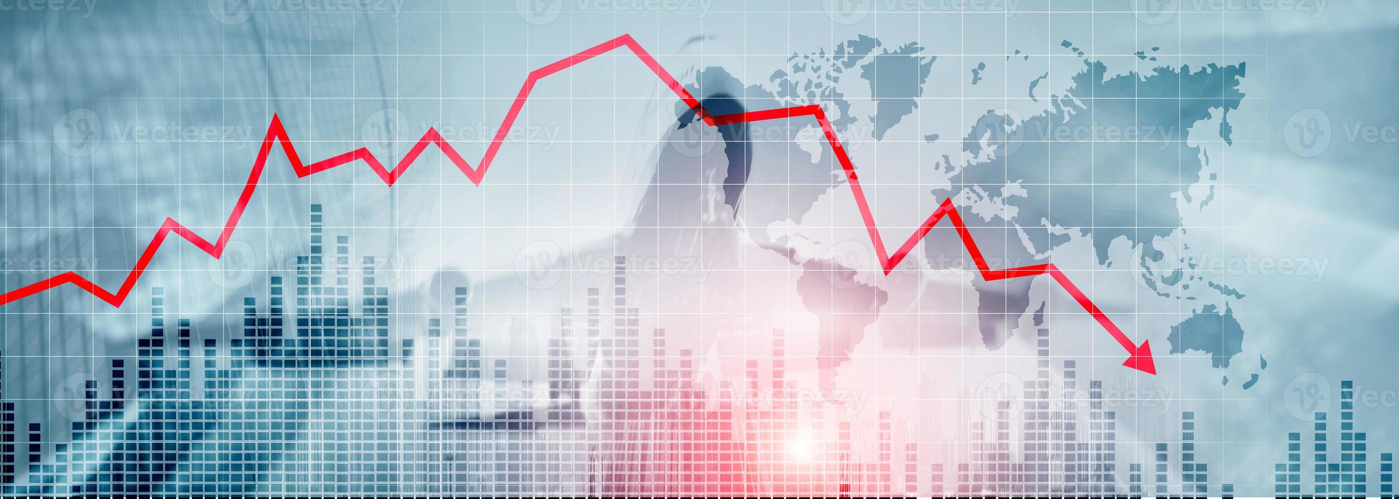 Chart with red down arrow on abstract background. Falling growth in business photo