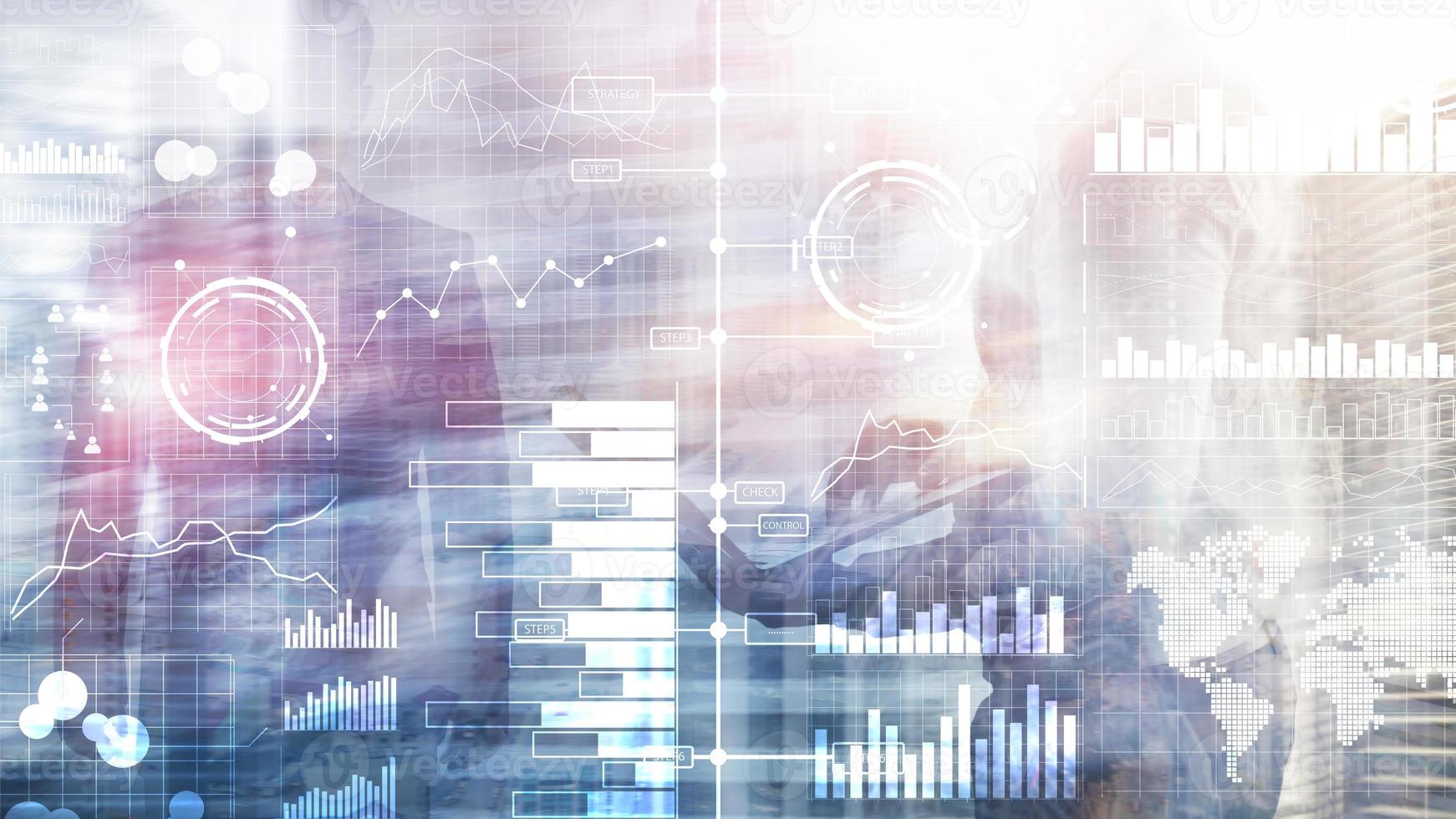 Business intelligence. Diagram, Graph, Stock Trading, Investment dashboard, transparent blurred background. photo