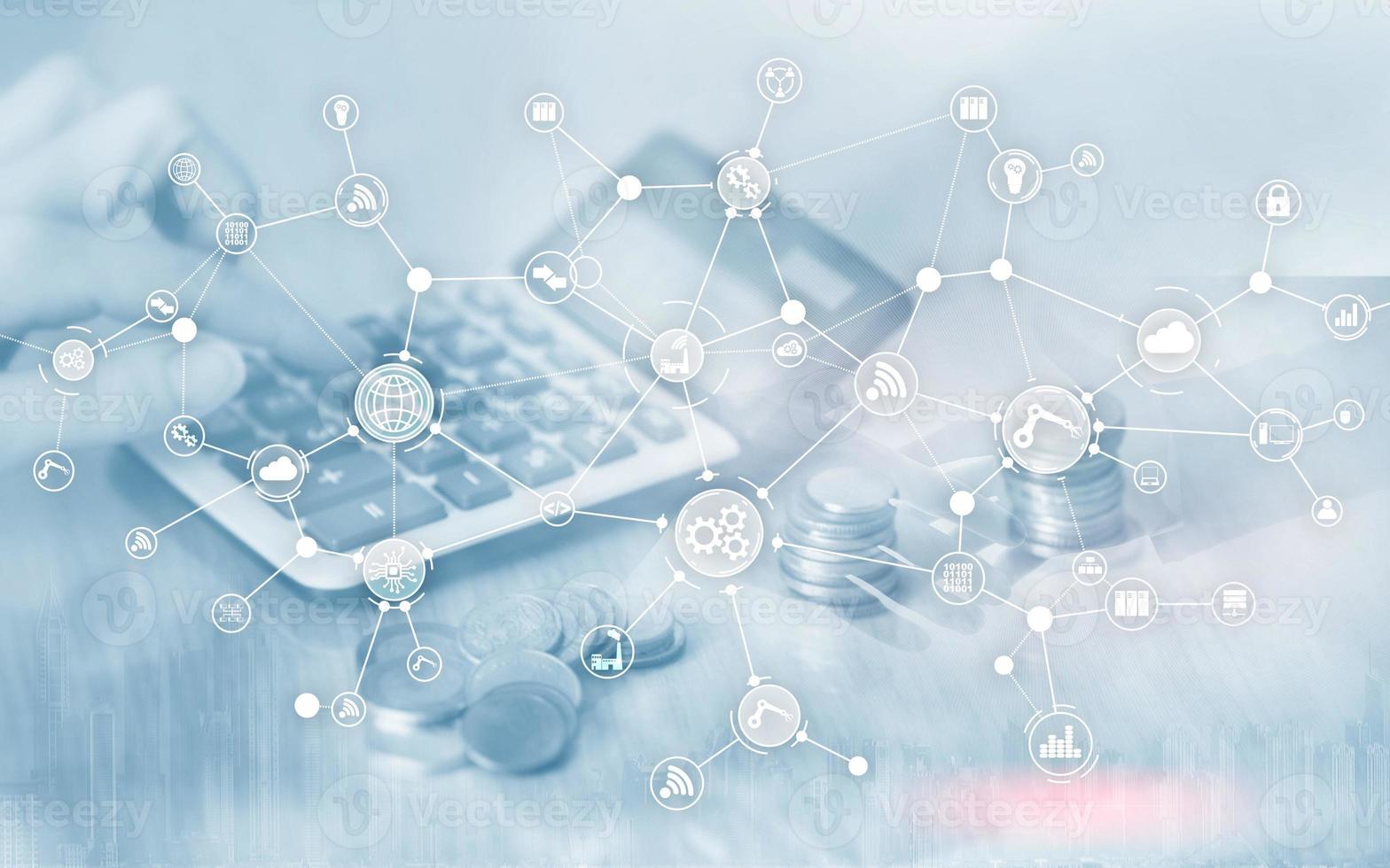 Industrial business process workflow organisation structure on virtual screen. IOT Technology smart industry concept on oins and megapolis background. photo