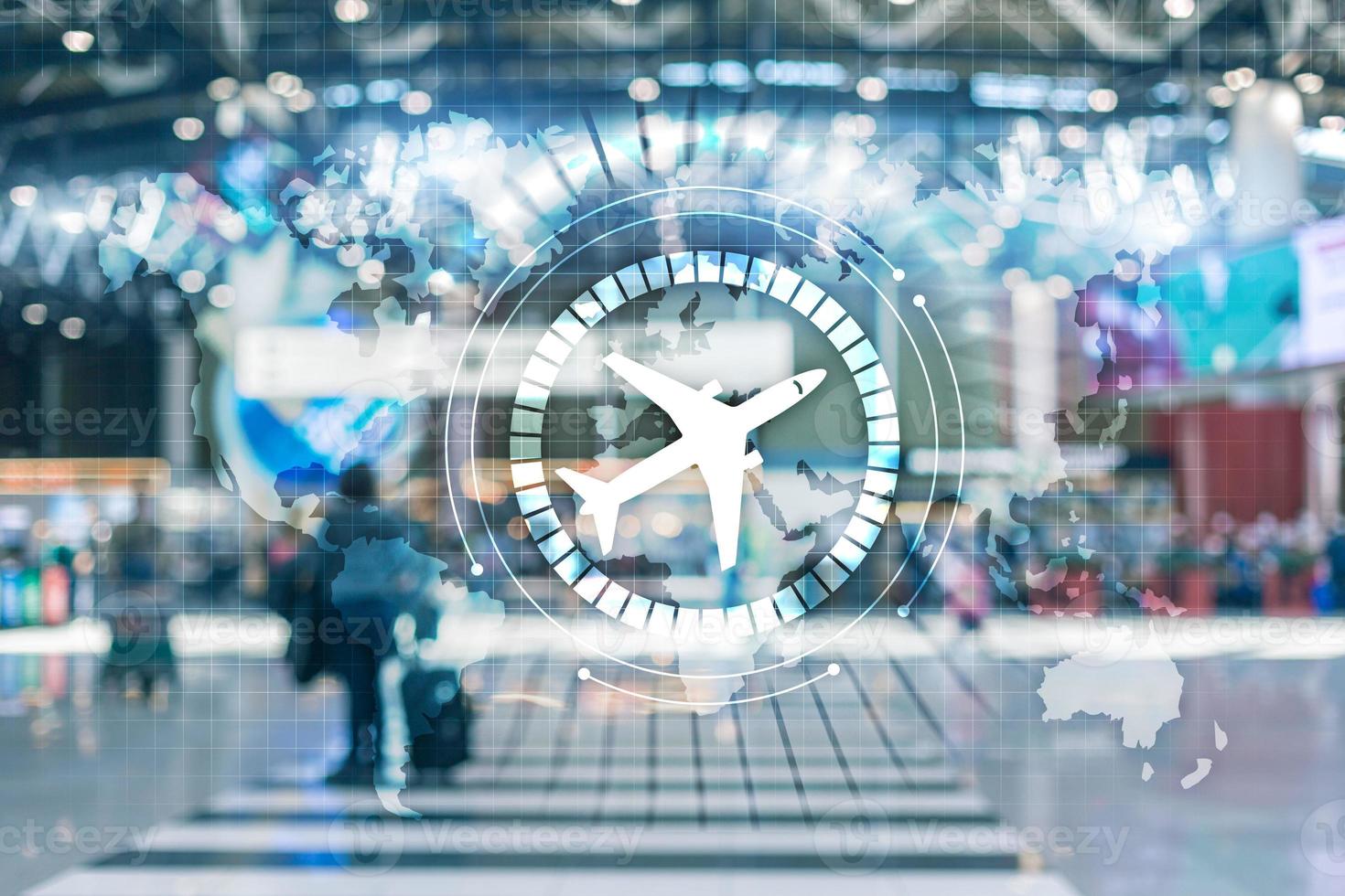 Business Travel Background. Airplane icon on virtual screen. Airplane transportation route network concept. photo