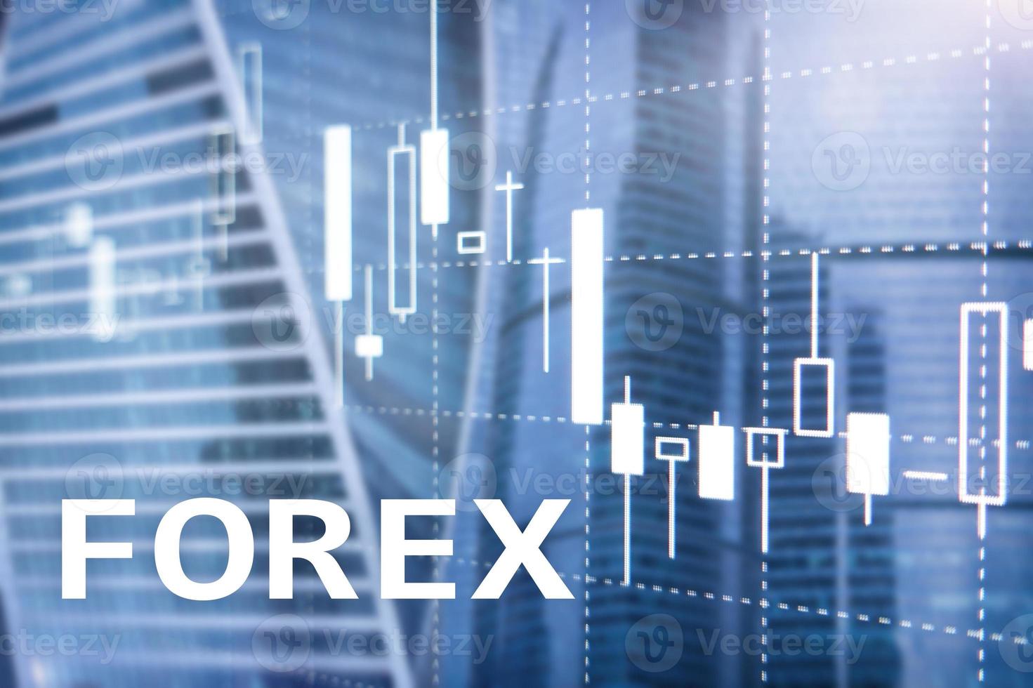 Forex trading, financial candle chart and graphs on blurred business center background. photo