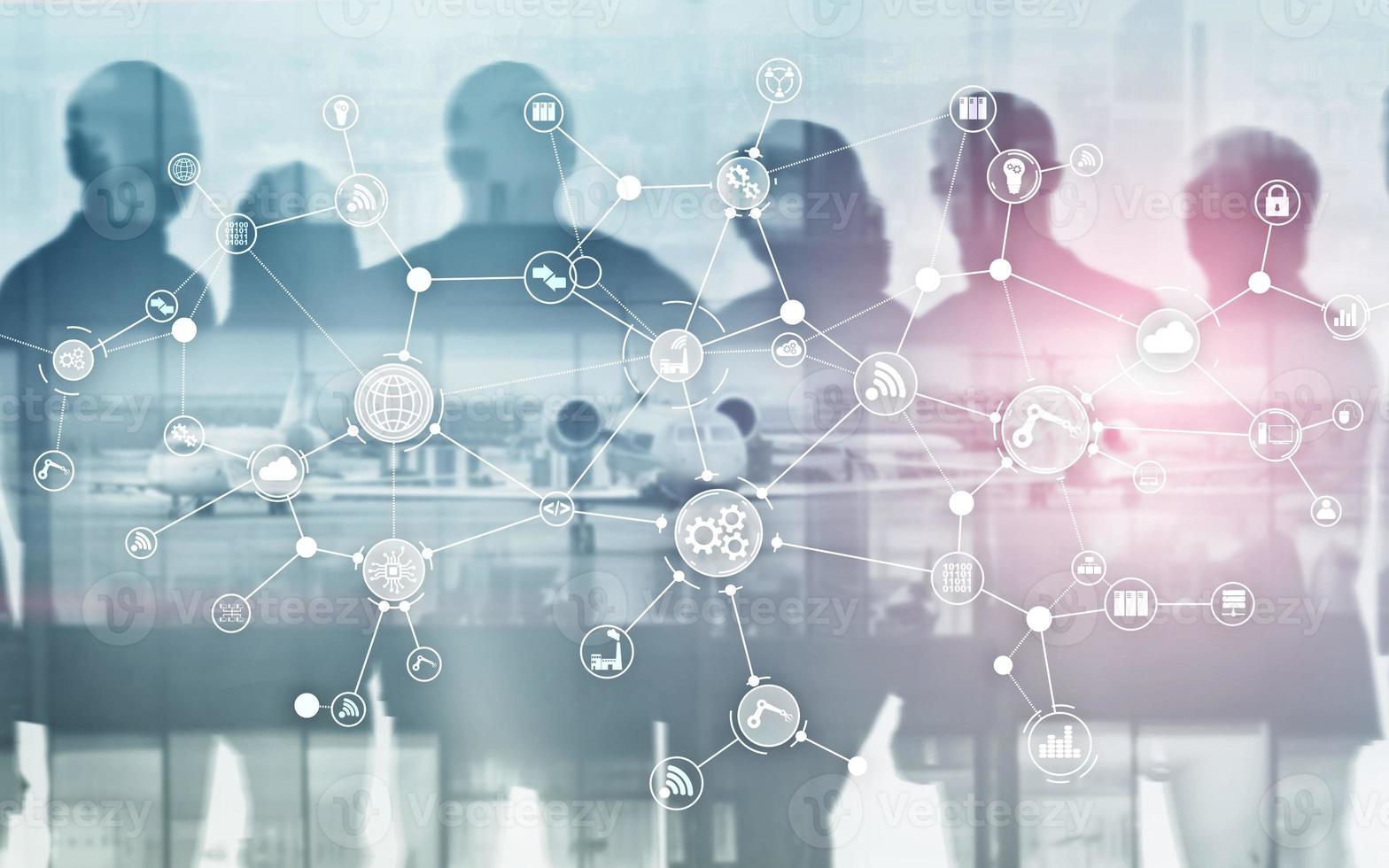 Industrial business process workflow organisation structure on virtual screen. IOT Technology smart industry concept on oins and megapolis background. photo