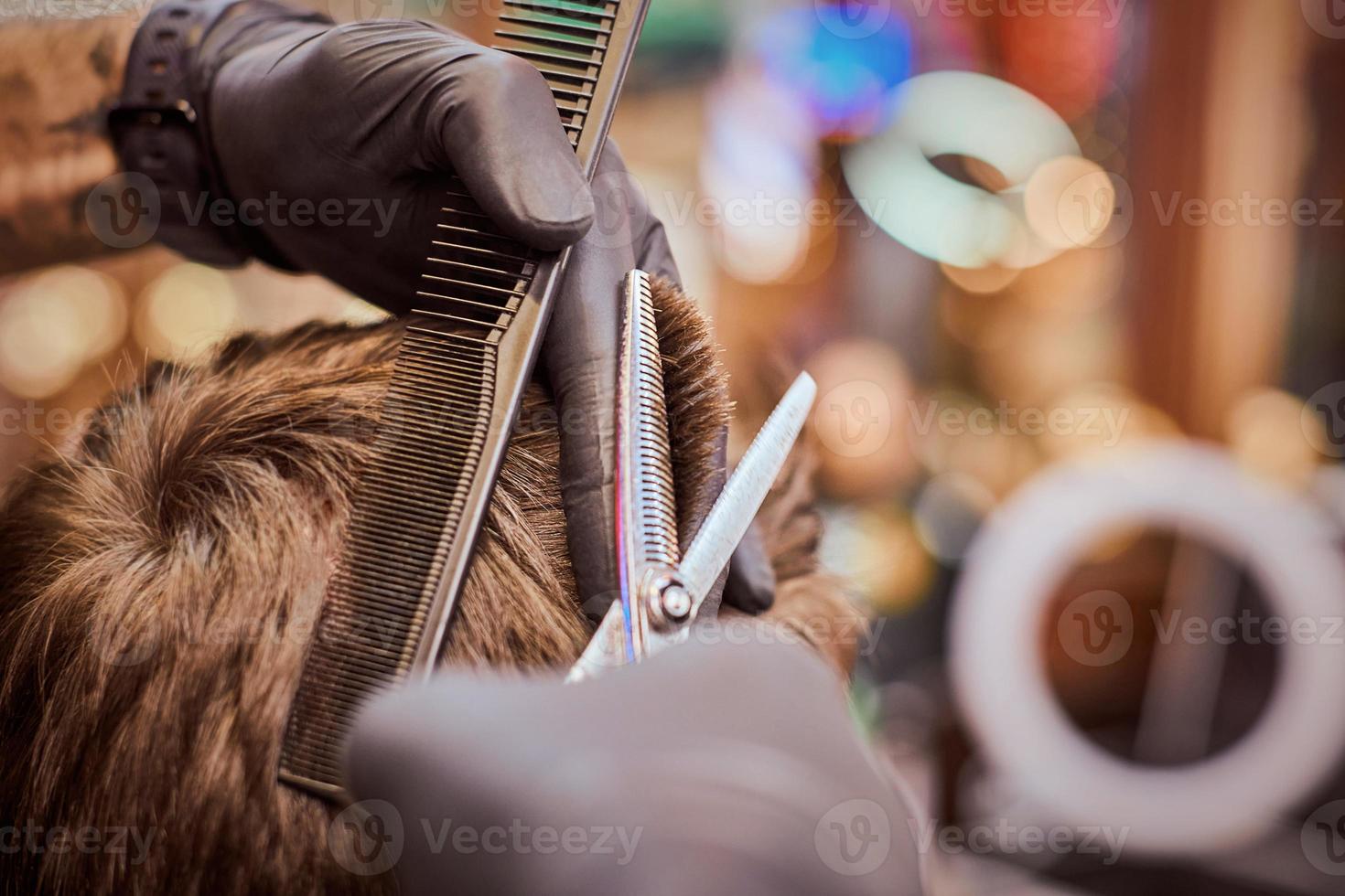 corte de pelo masculino en la barbería de cerca, cliente que se corta el pelo por peluquero con peine y tijeras foto