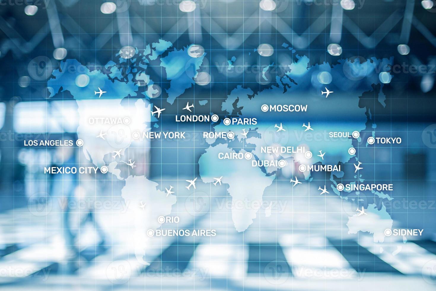 Aviation wallpaper with planes over the map with major city names. Digital map with planes around the world concept. photo