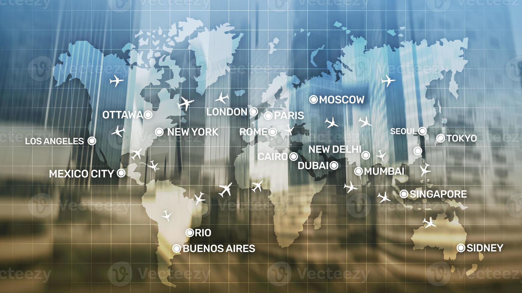 Global Aviation Abstract Background with planes and city names on a map. Business Travel Transportation concept photo