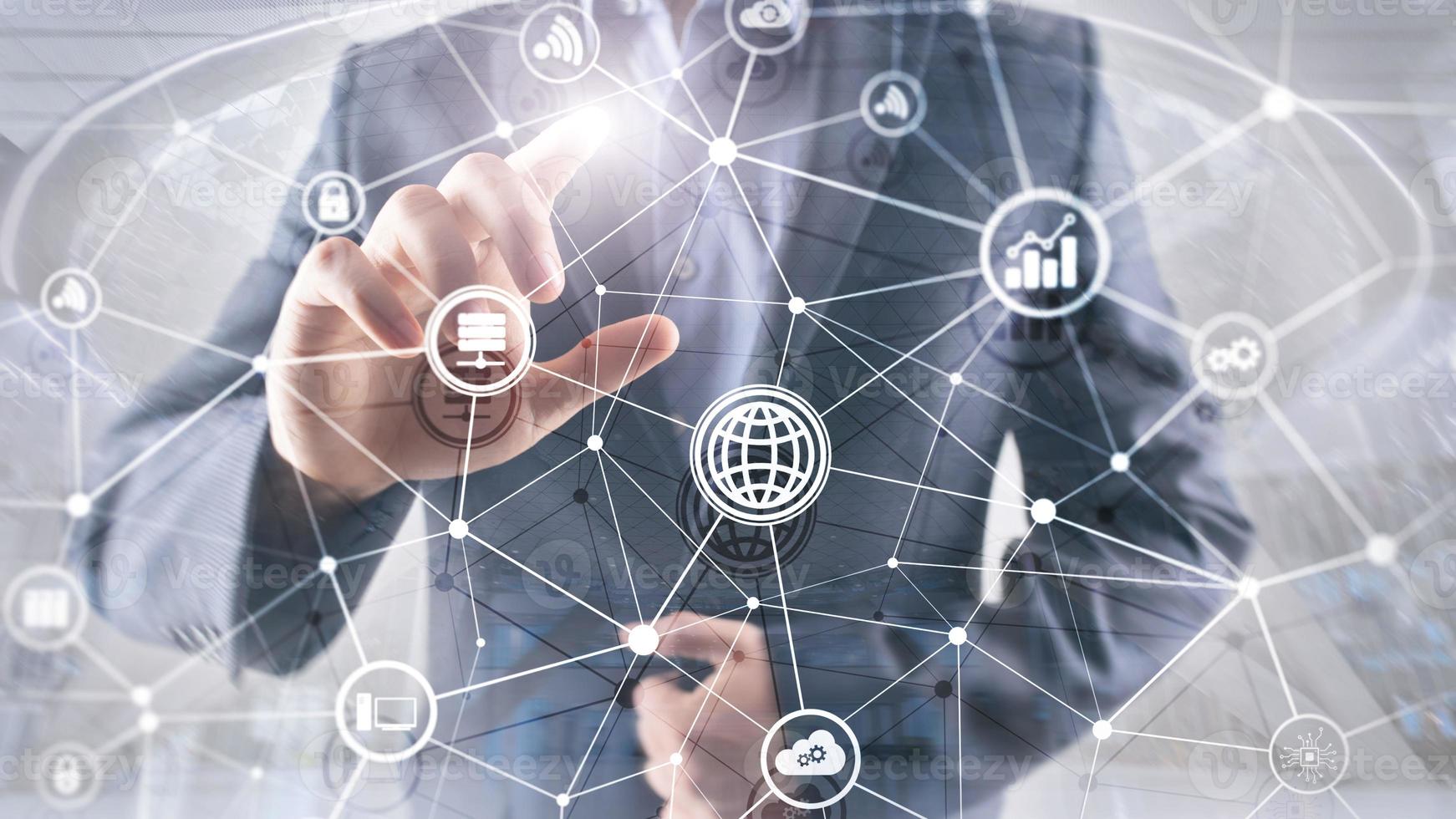 ICT - information and telecommunication technology and IOT - internet of things concepts. Diagrams with icons on server room backgrounds photo
