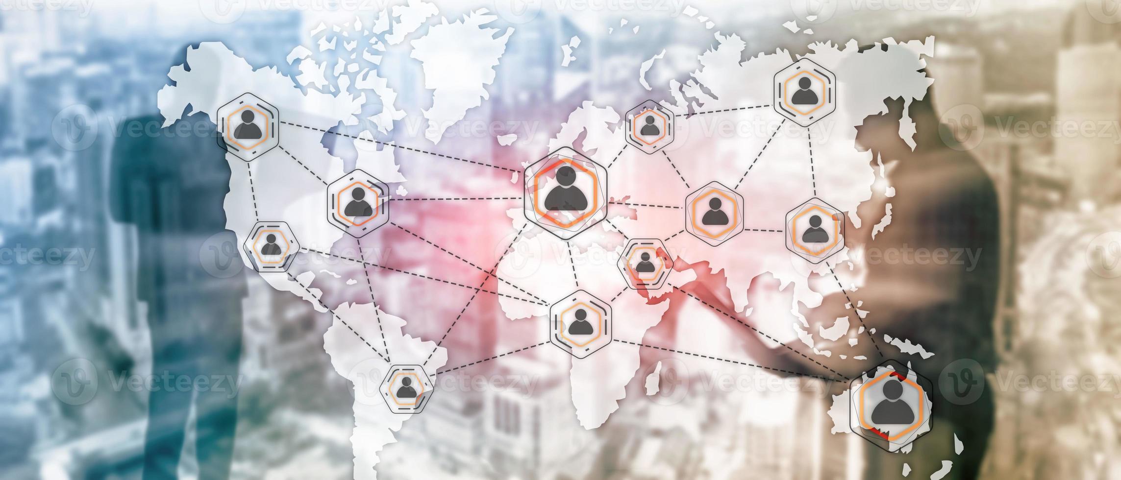 Social network with connected people 3D icons on map. Background for presentations. photo