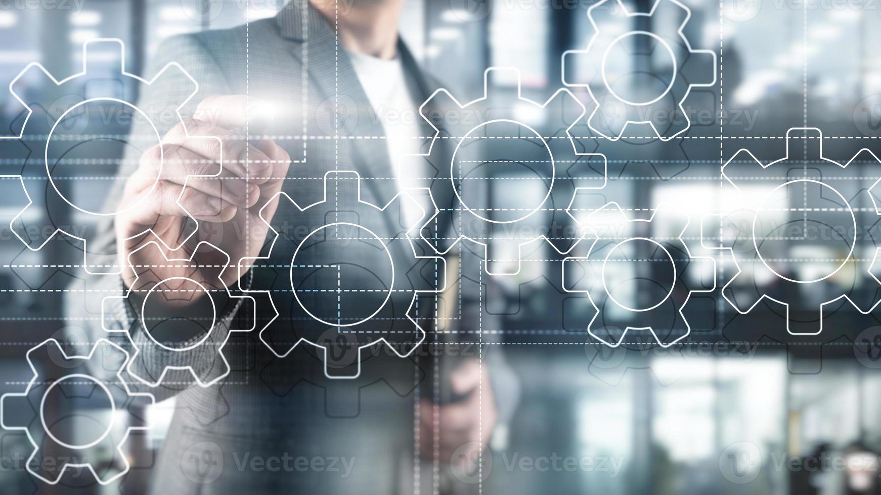 Gears mechanism, digital transformation, data integration and digital technology concept. photo