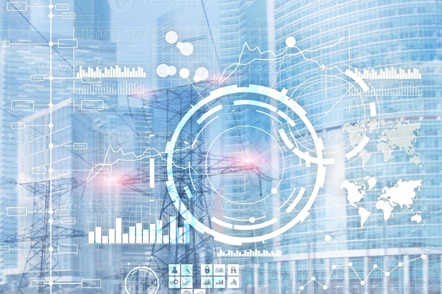 Corporate background. Business intelligence BI Key performance indicator KPI Analysis dashboard transparent blurred office background photo