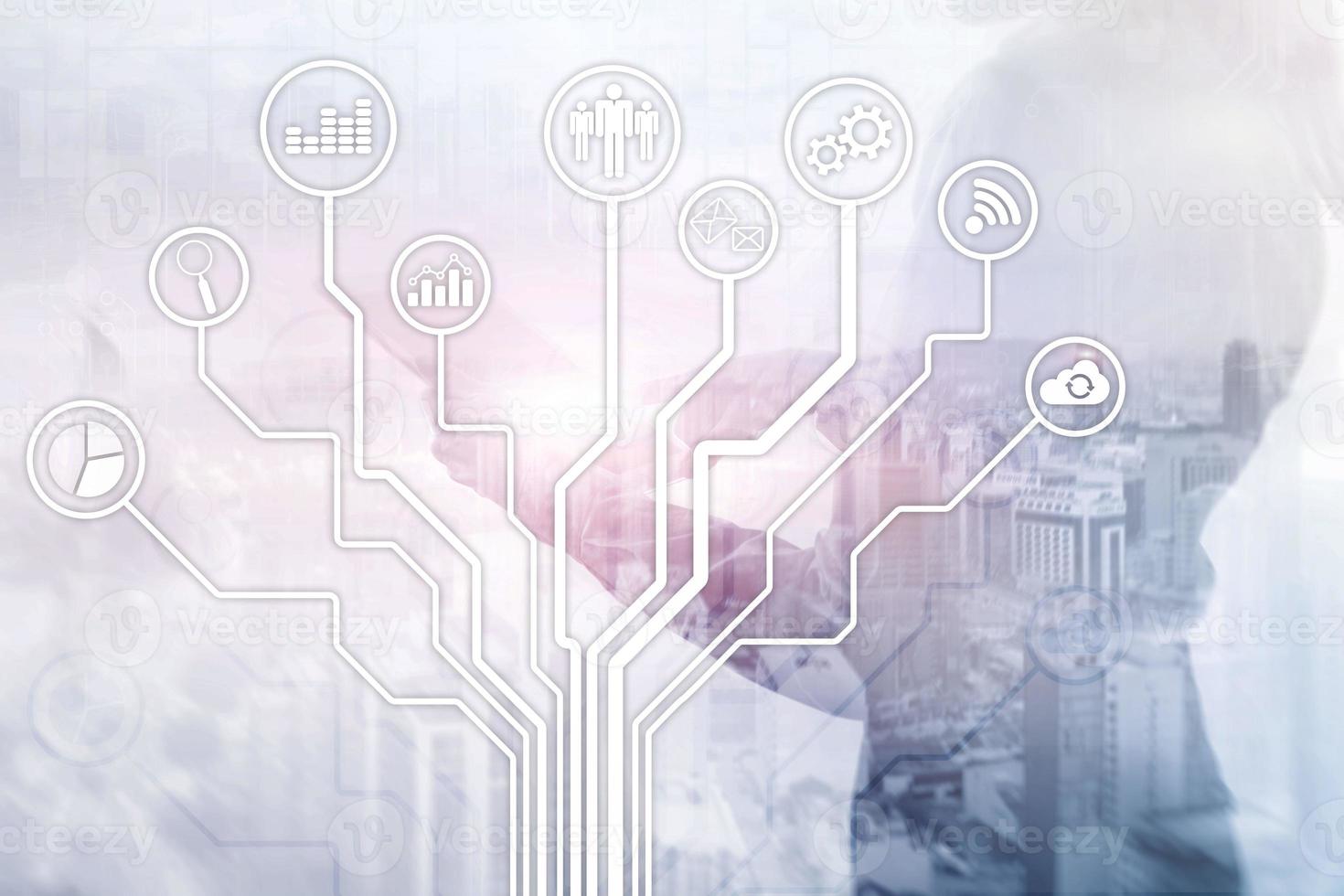 Business applications icons on blurred background. Financial and trading. Internet technology concept. photo