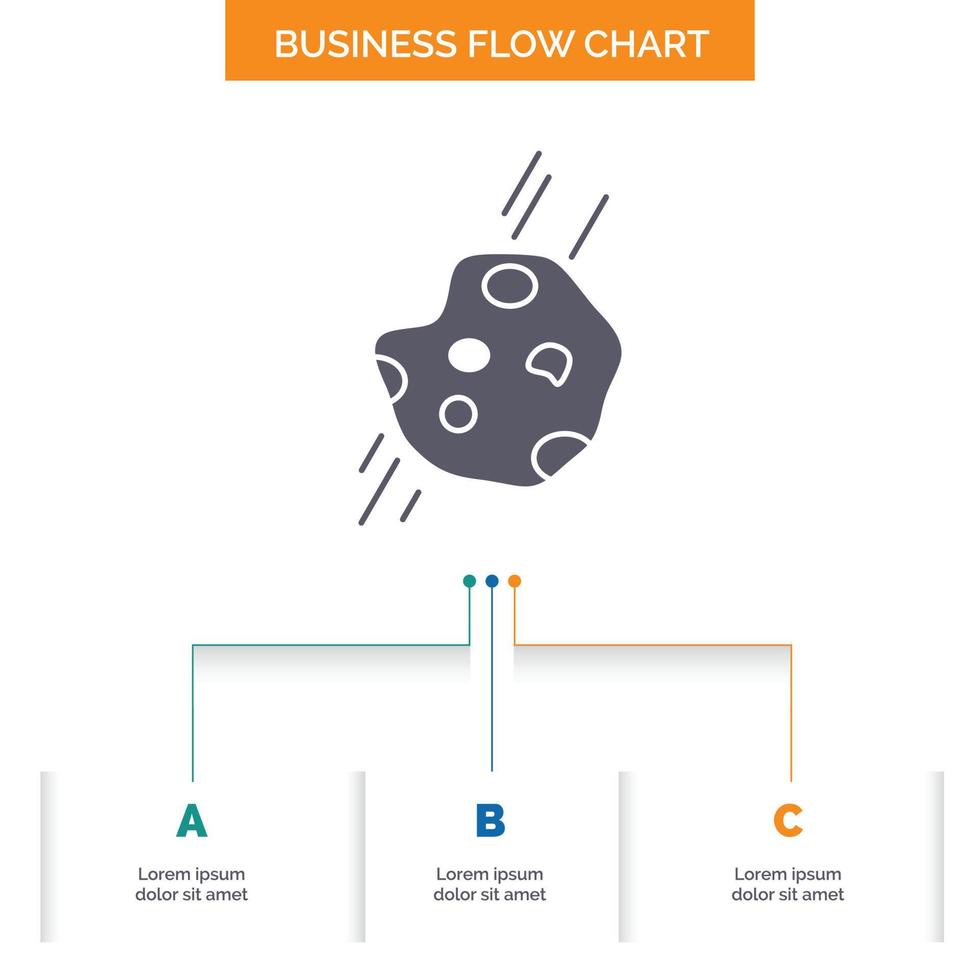 Asteroid. astronomy. meteor. space. comet Business Flow Chart Design with 3 Steps. Glyph Icon For Presentation Background Template Place for text. vector