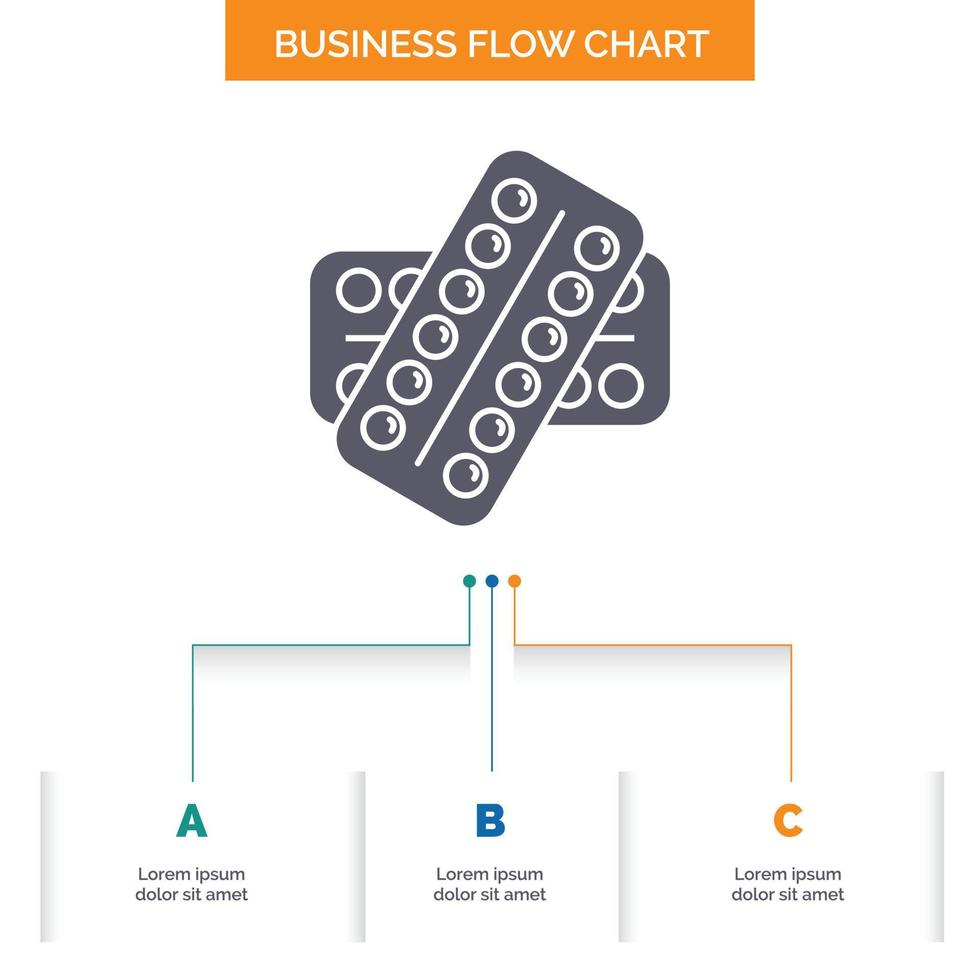 medicine. Pill. drugs. tablet. patient Business Flow Chart Design with 3 Steps. Glyph Icon For Presentation Background Template Place for text. vector