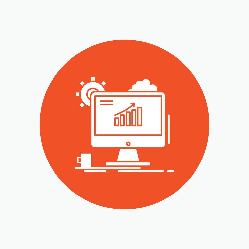 Analytics. chart. seo. web. Setting White Glyph Icon in Circle. Vector Button illustration