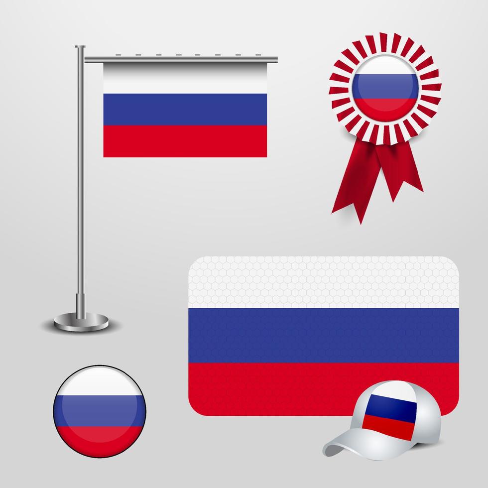 Russia Country Flag haning on pole. Ribbon Badge Banner. sports Hat and Round Button vector