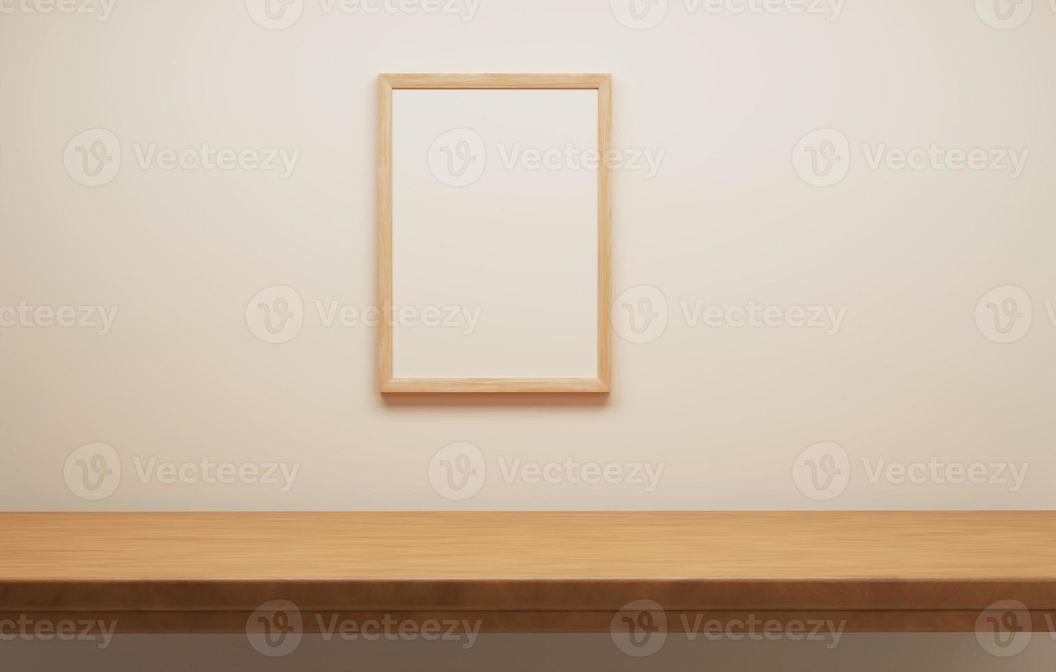 Natural wood table top with wood frame on warm cream walls. 3d illustration 3d rendering photo