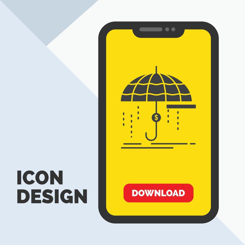 Finanzas. financiero. seguro. dinero. icono de glifo de protección en el móvil para la página de descarga. fondo amarillo vector