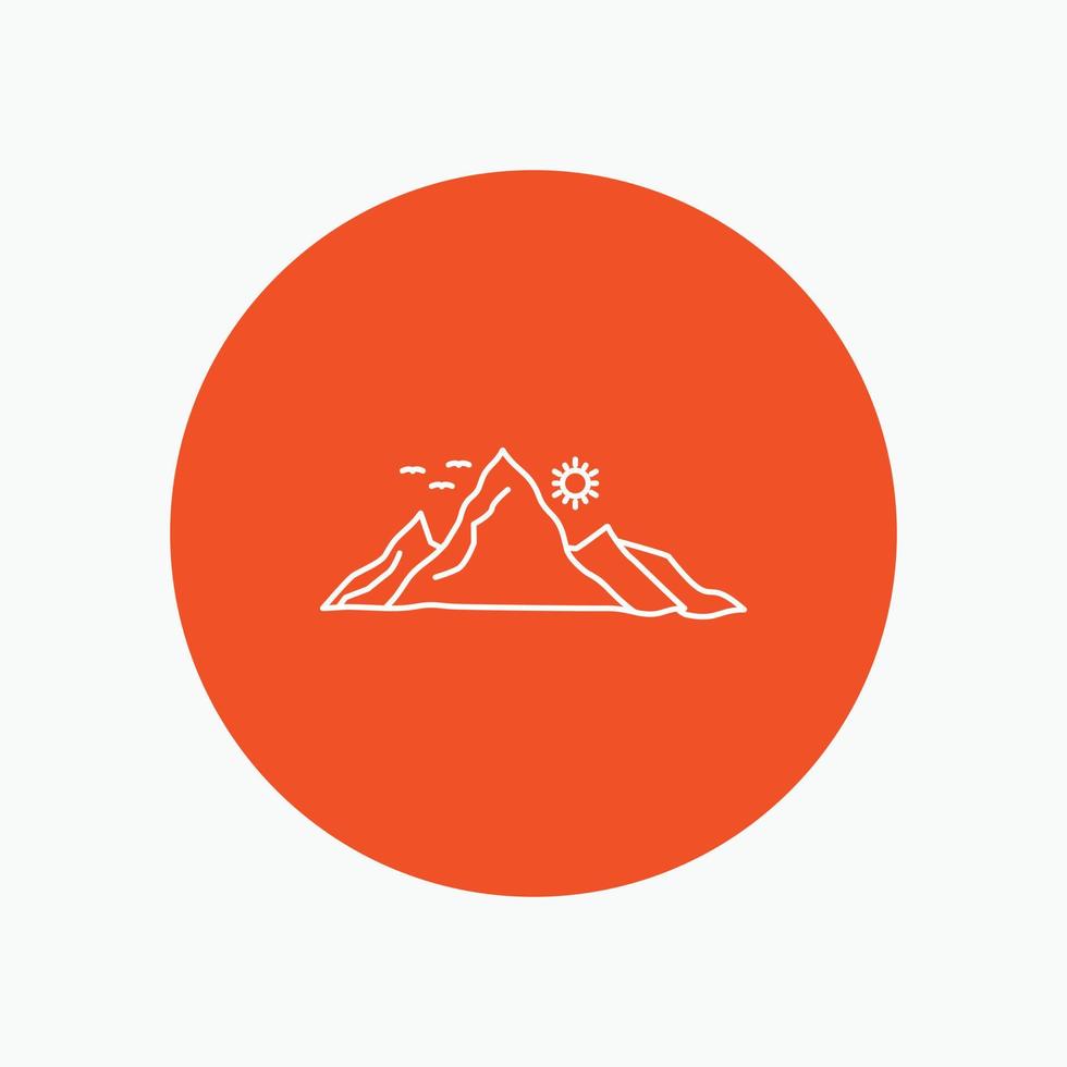 mountain. landscape. hill. nature. sun White Line Icon in Circle background. vector icon illustration