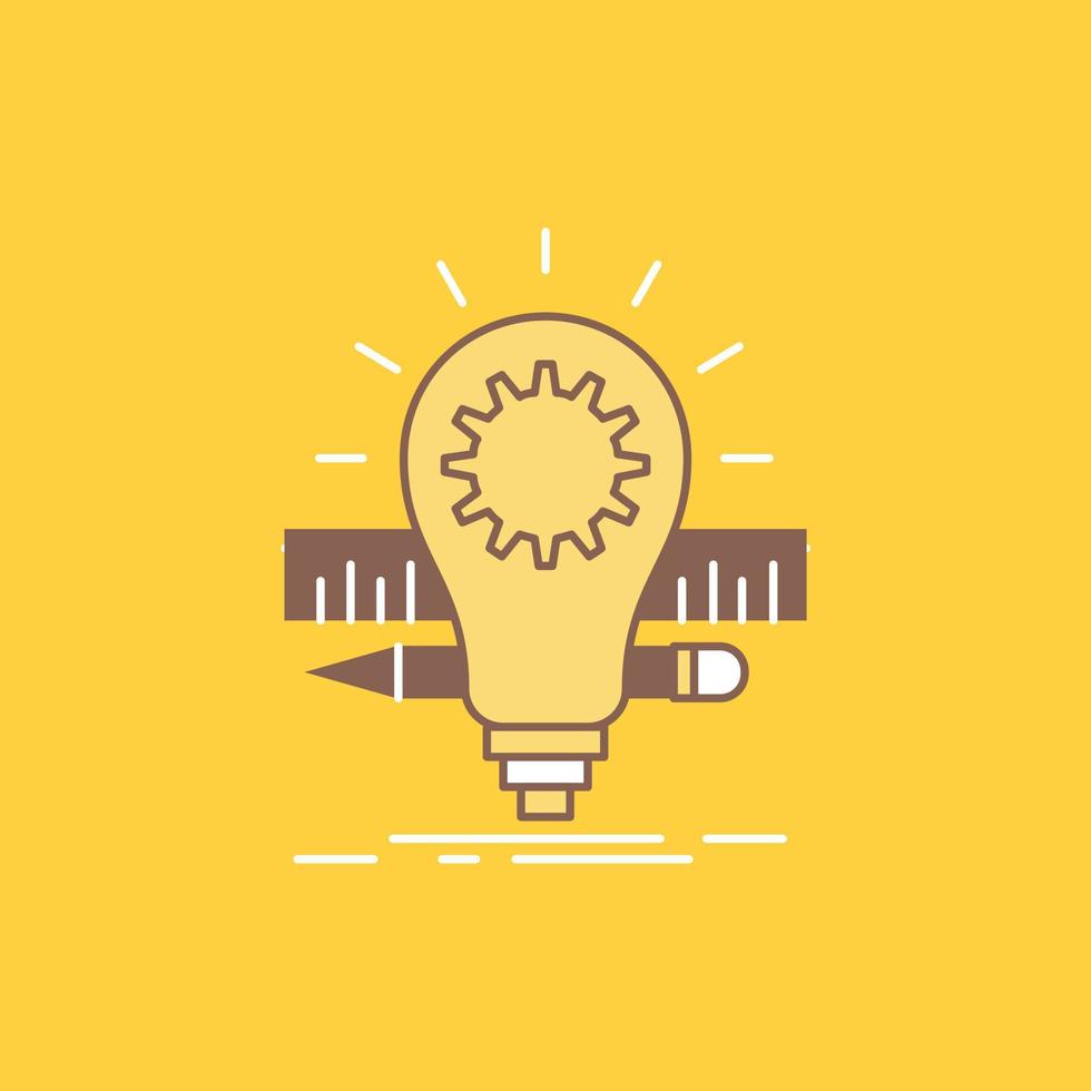 Development. idea. bulb. pencil. scale Flat Line Filled Icon. Beautiful Logo button over yellow background for UI and UX. website or mobile application vector