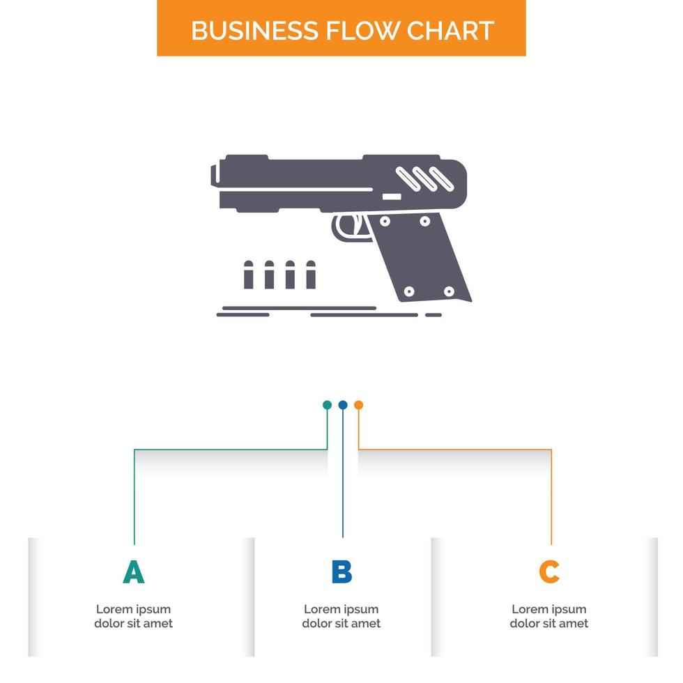 gun. handgun. pistol. shooter. weapon Business Flow Chart Design with 3 Steps. Glyph Icon For Presentation Background Template Place for text. vector