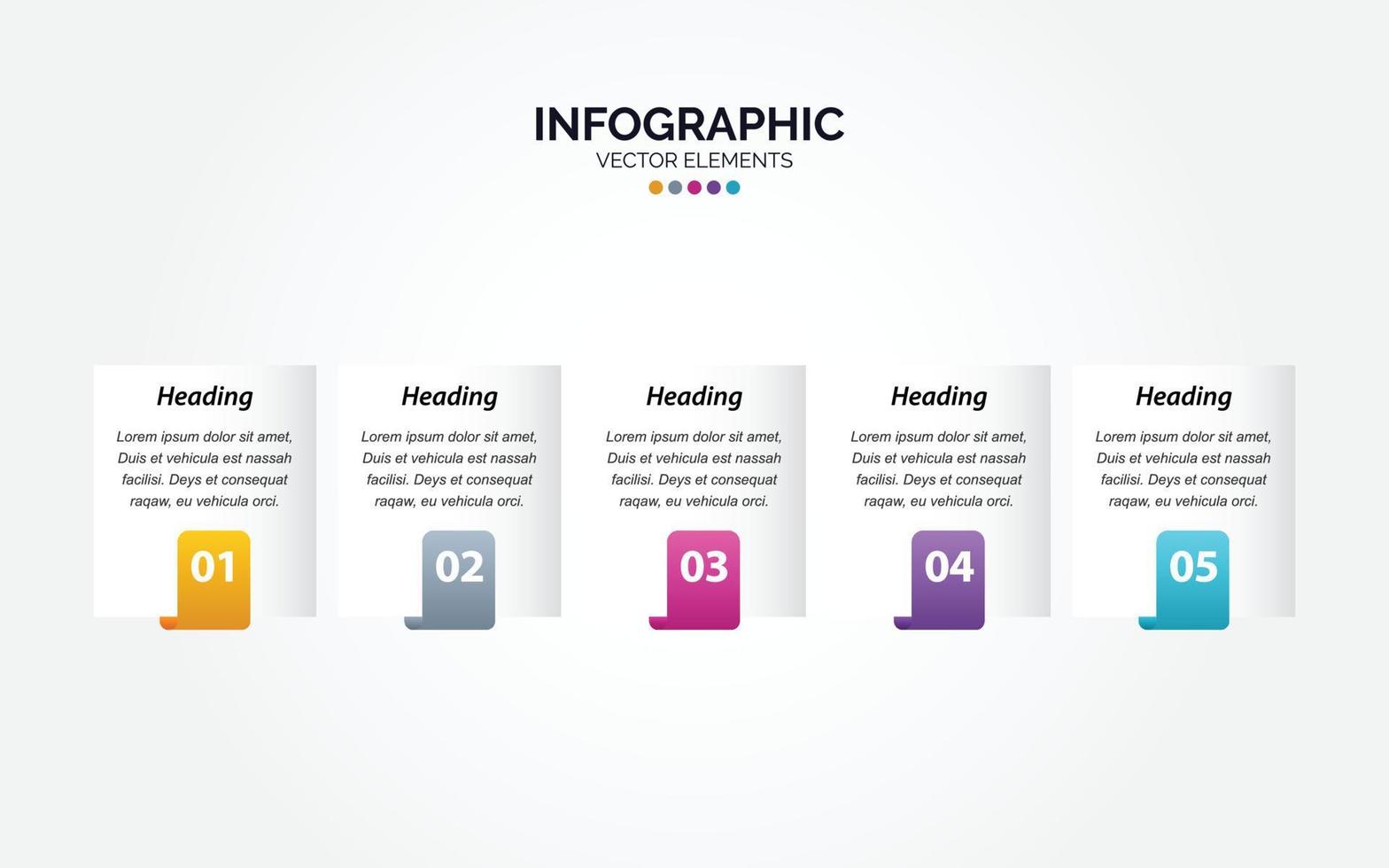 Carpeta de plantilla colorida de diseño vectorial de marketing comercial infográfico horizontal 5 opciones o pasos en un estilo mínimo. vector