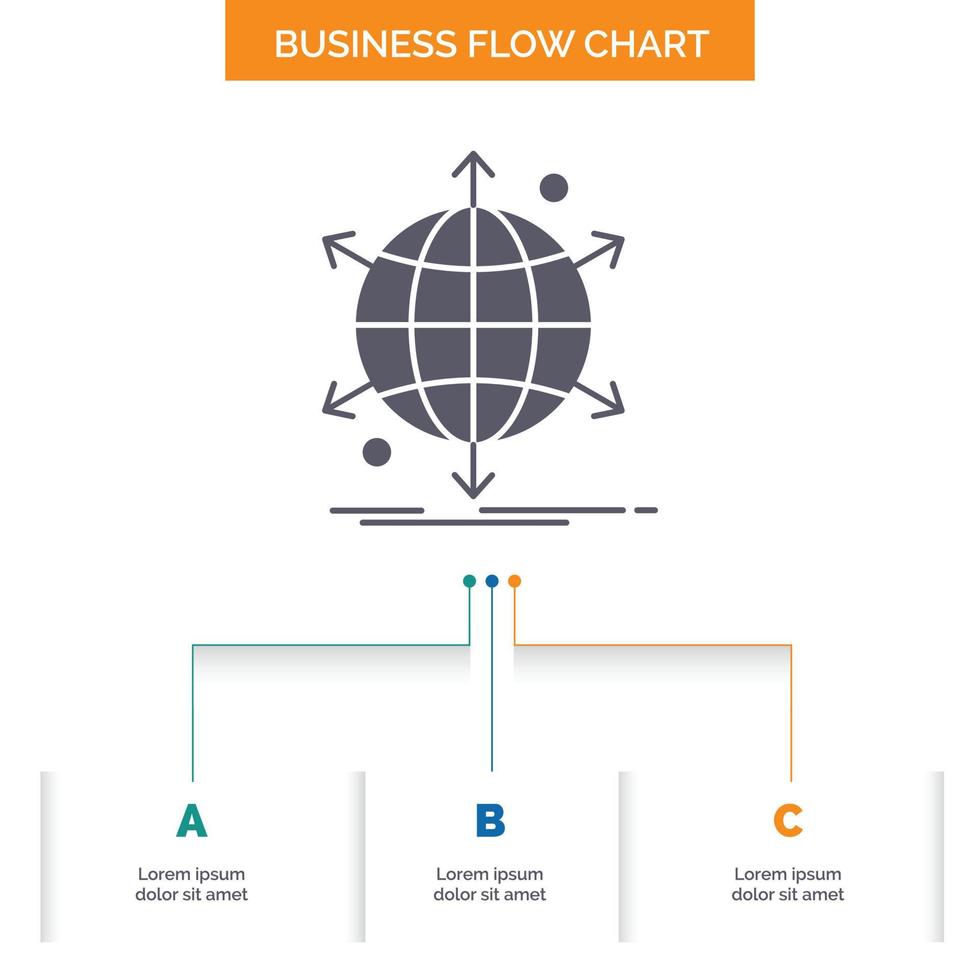 business. international. net. network. web Business Flow Chart Design with 3 Steps. Glyph Icon For Presentation Background Template Place for text. vector