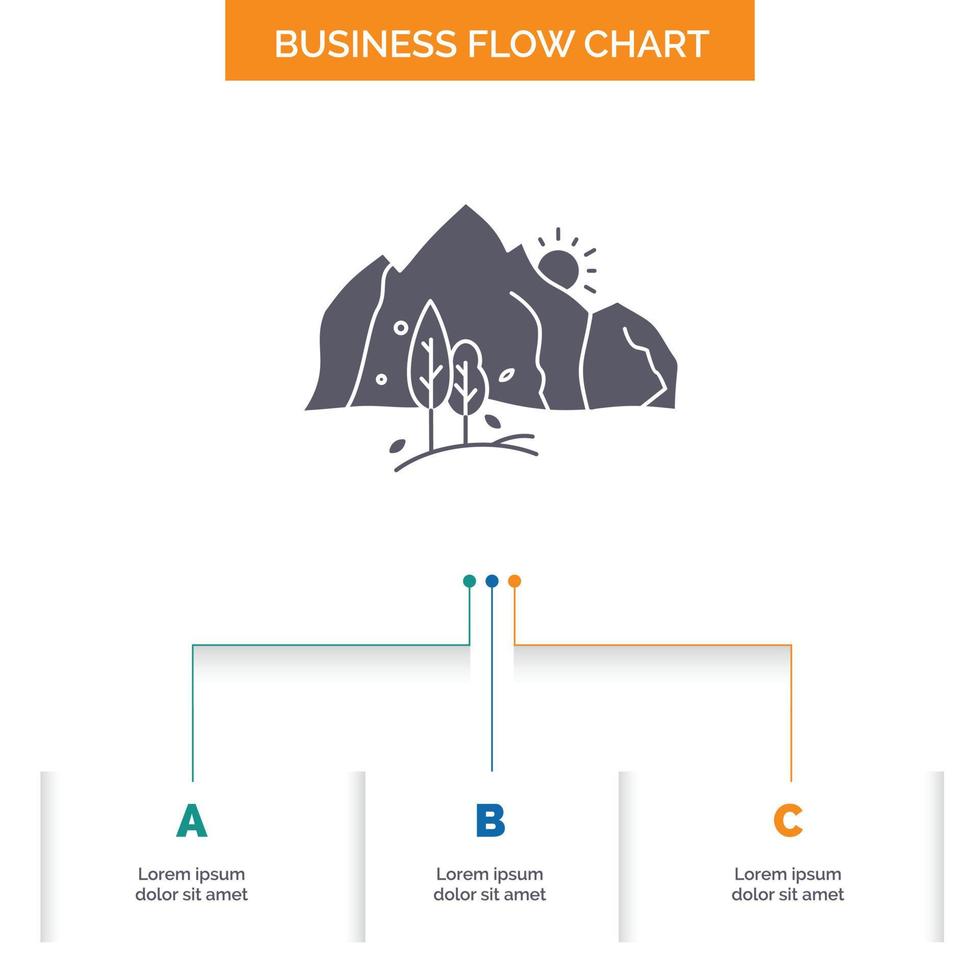hill. landscape. nature. mountain. tree Business Flow Chart Design with 3 Steps. Glyph Icon For Presentation Background Template Place for text. vector