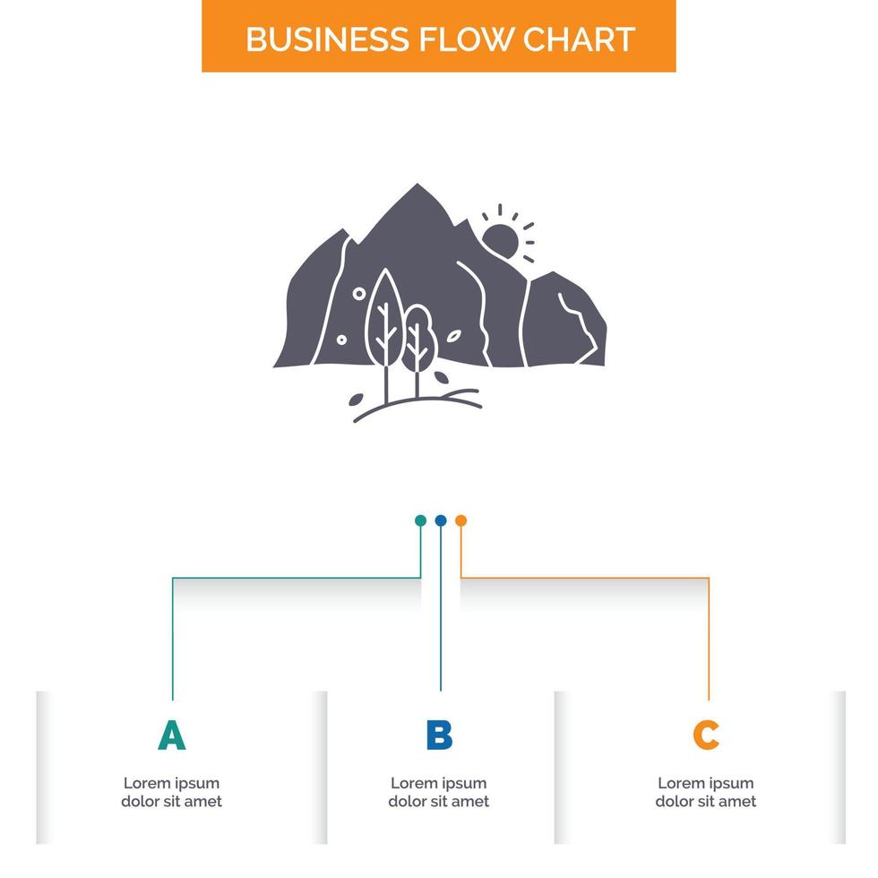 Cerro. paisaje. naturaleza. montaña. diseño de diagrama de flujo de negocio de árbol con 3 pasos. icono de glifo para el lugar de plantilla de fondo de presentación para texto. vector