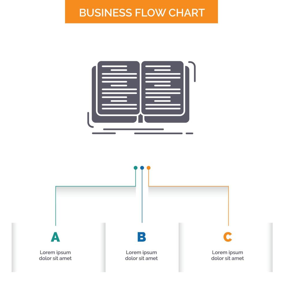 libro. educación. lección. Estudie el diseño de diagramas de flujo de negocios con 3 pasos. icono de glifo para el lugar de plantilla de fondo de presentación para texto. vector