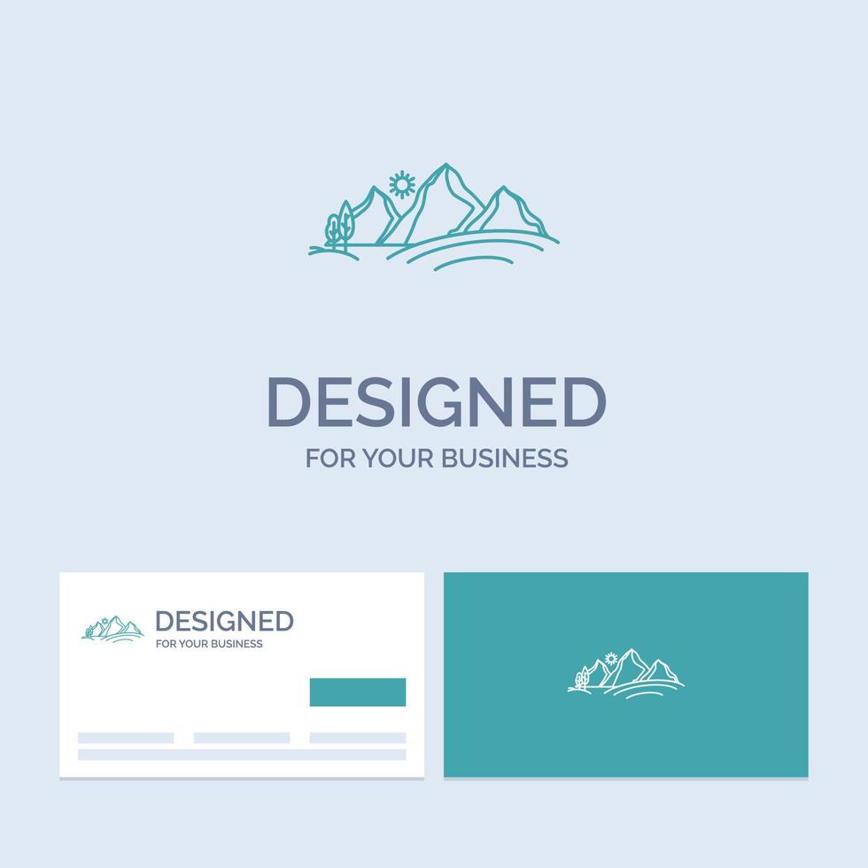 hill. landscape. nature. mountain. sun Business Logo Line Icon Symbol for your business. Turquoise Business Cards with Brand logo template vector