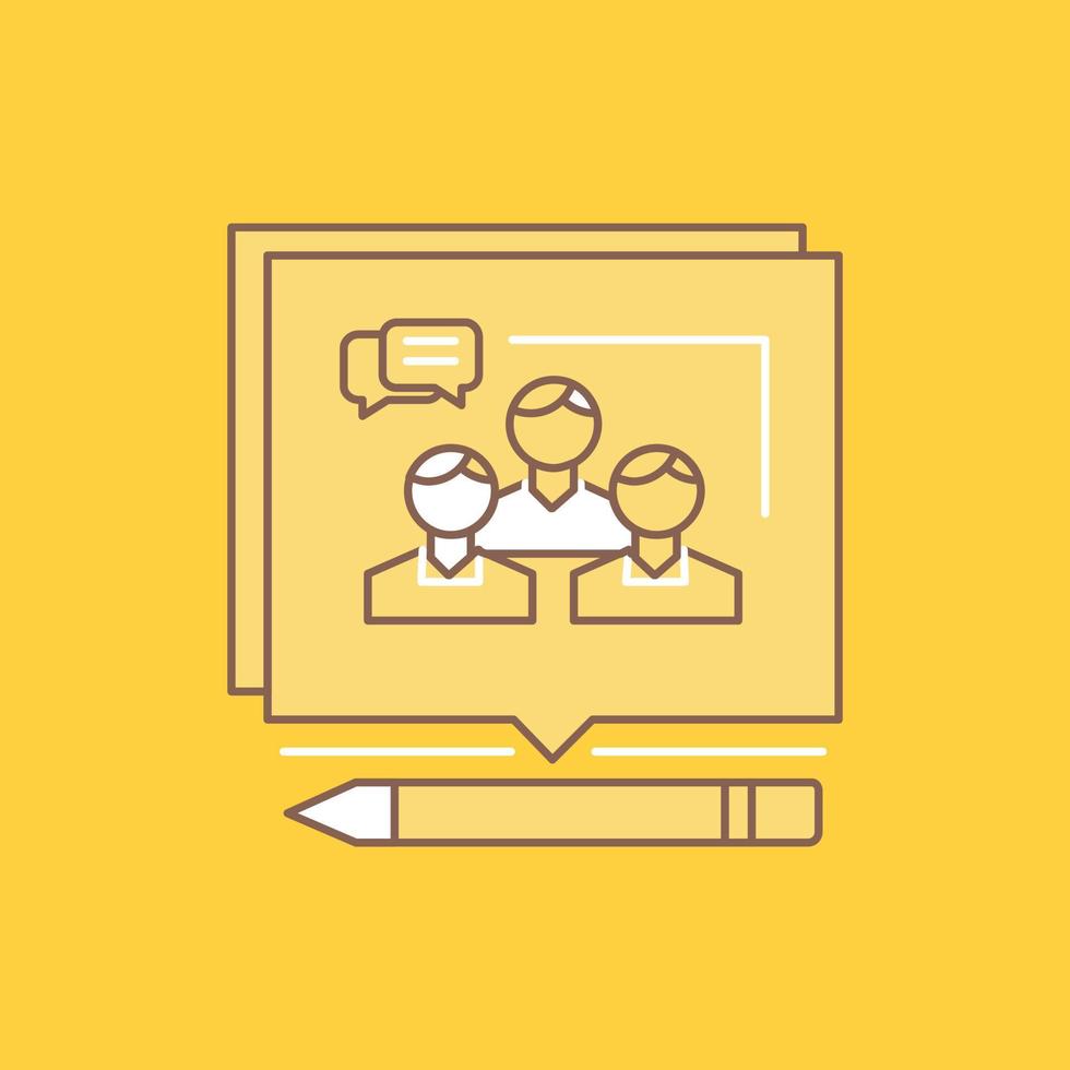 Analysis. argument. business. convince. debate Flat Line Filled Icon. Beautiful Logo button over yellow background for UI and UX. website or mobile application vector