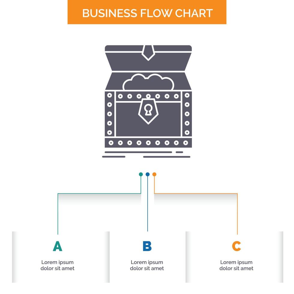 caja. cofre. oro. premio. diseño de diagrama de flujo de negocio del tesoro con 3 pasos. icono de glifo para el lugar de plantilla de fondo de presentación para texto. vector