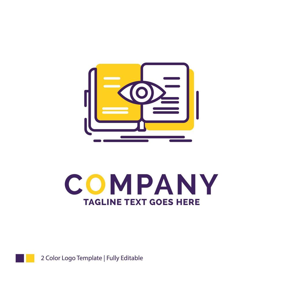 Company Name Logo Design For knowledge. book. eye. view. growth. Purple and yellow Brand Name Design with place for Tagline. Creative Logo template for Small and Large Business. vector