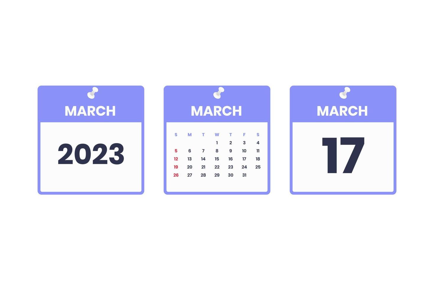 March calendar design. March 17 2023 calendar icon for schedule, appointment, important date concept vector