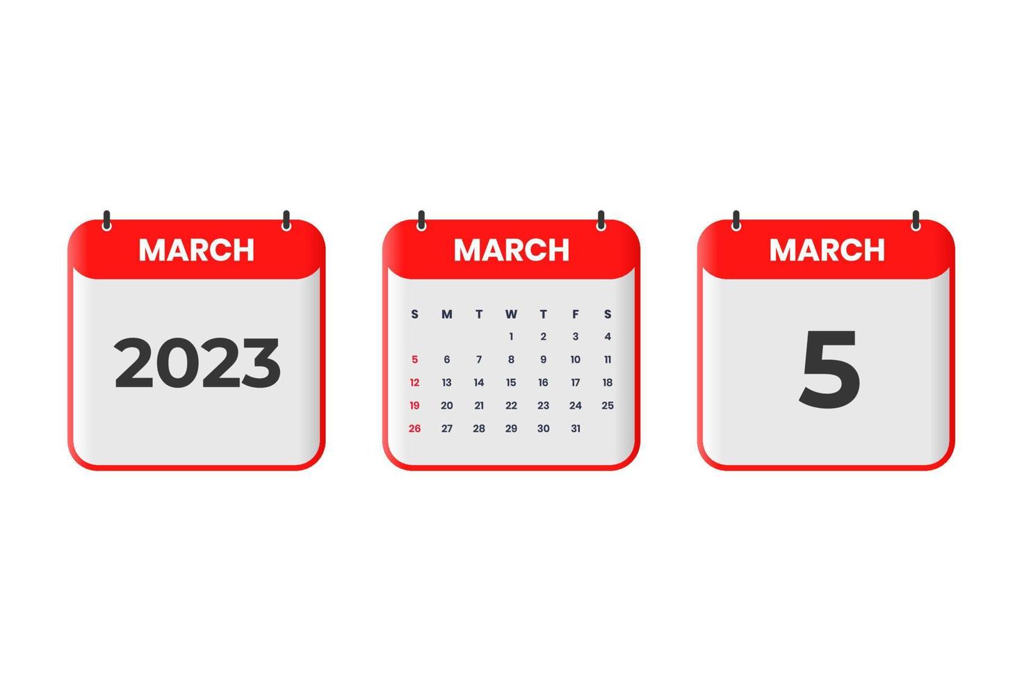 March 2023 calendar design. 5th March 2023 calendar icon for schedule, appointment, important date concept vector