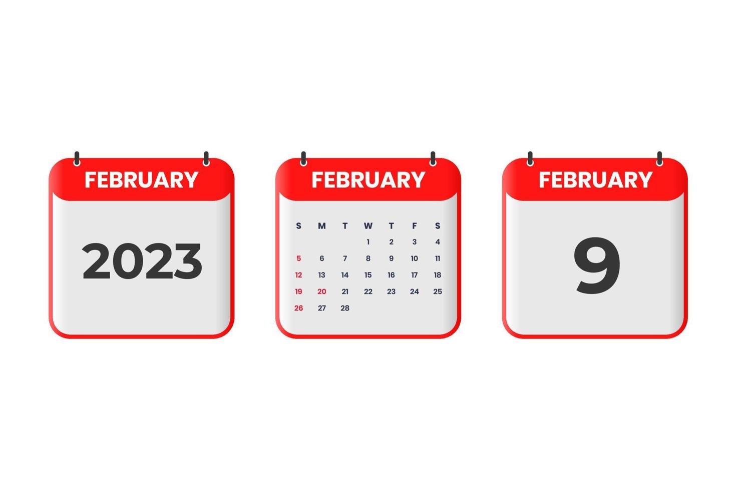 diseño de calendario de febrero de 2023. 9 de febrero de 2023 icono de calendario para horario, cita, concepto de fecha importante vector