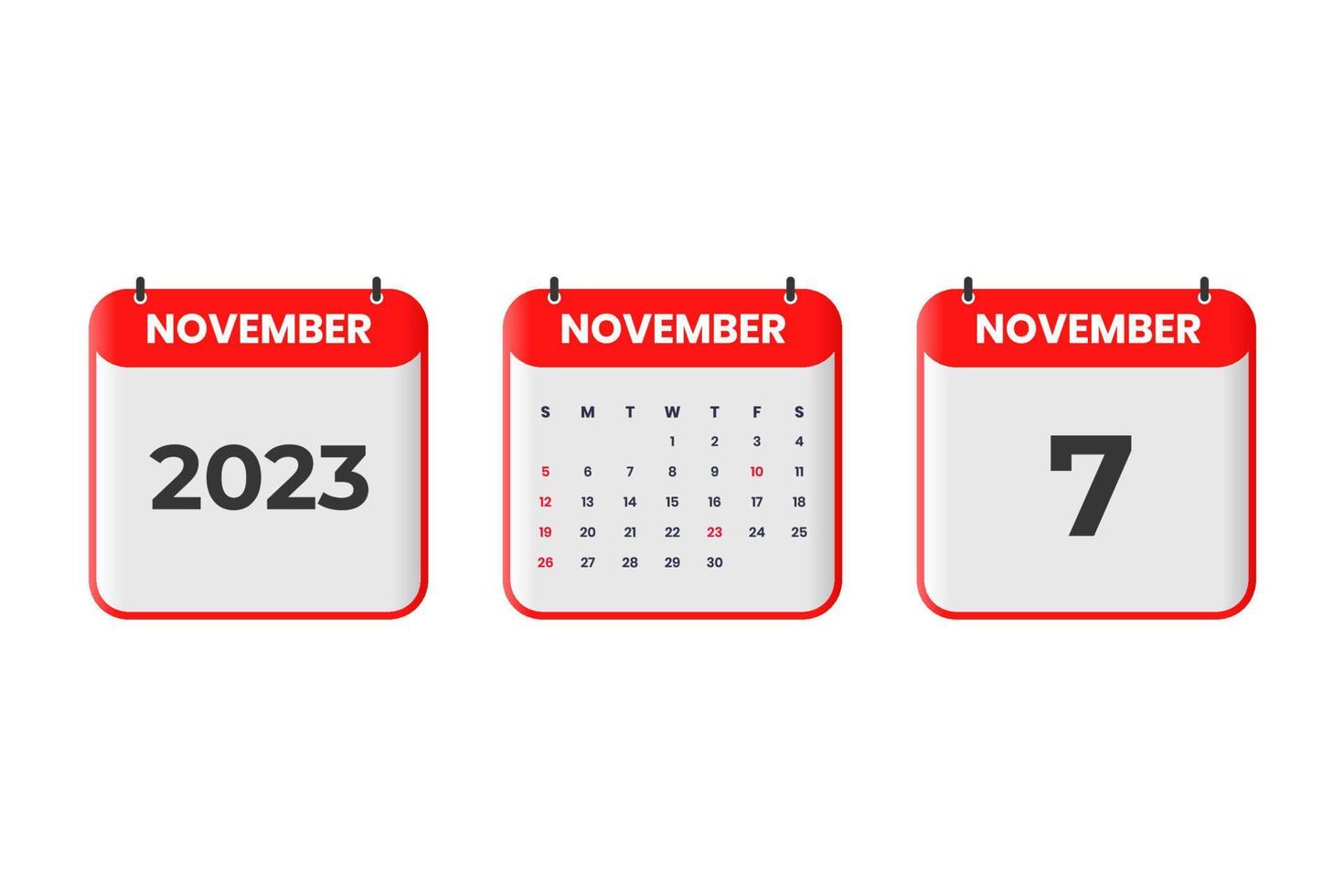 November 2023 calendar design. 7th November 2023 calendar icon for schedule, appointment, important date concept vector