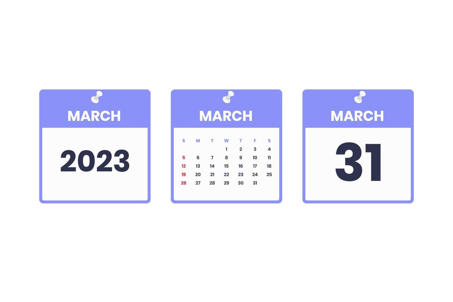 March calendar design. March 31 2023 calendar icon for schedule, appointment, important date concept vector