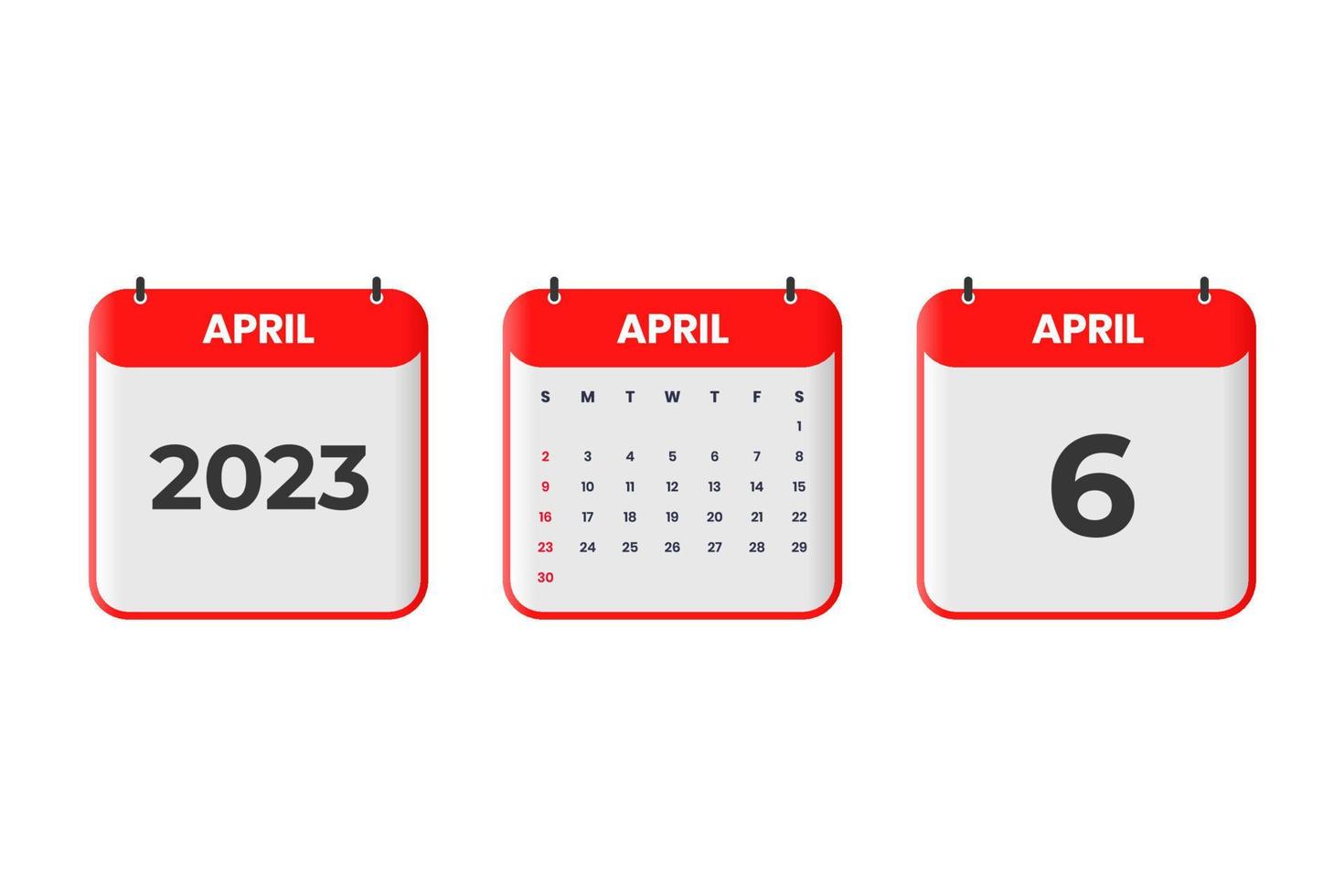 diseño de calendario de abril de 2023. 6 de abril de 2023 icono de calendario para horario, cita, concepto de fecha importante vector