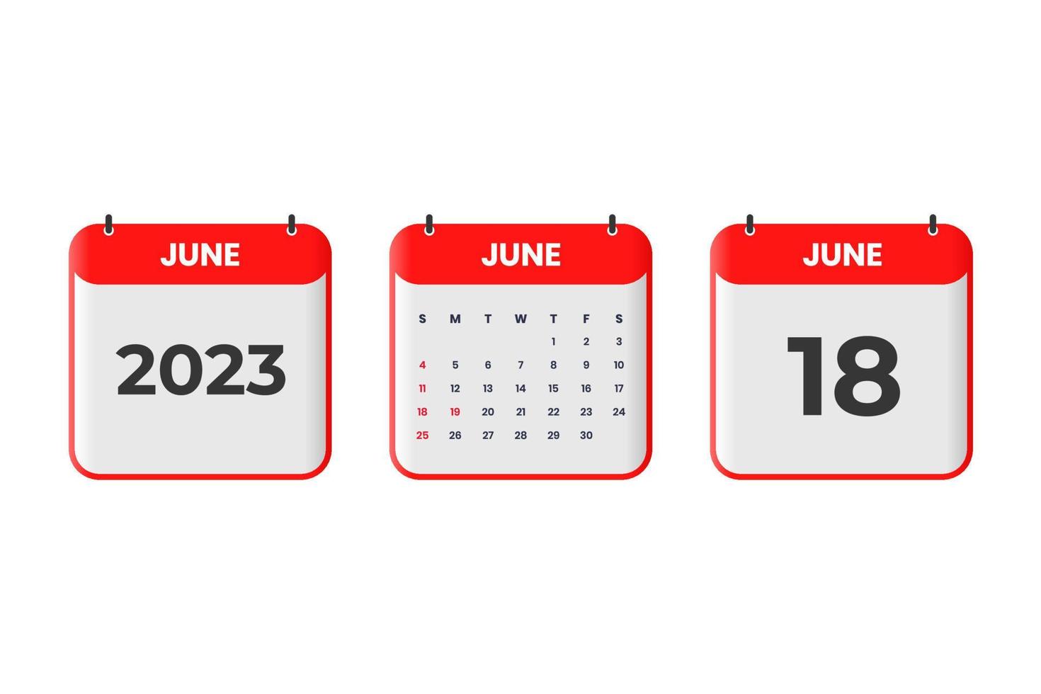 Diseño de calendario de junio de 2023. 18 de junio de 2023 icono de calendario para horario, cita, concepto de fecha importante vector