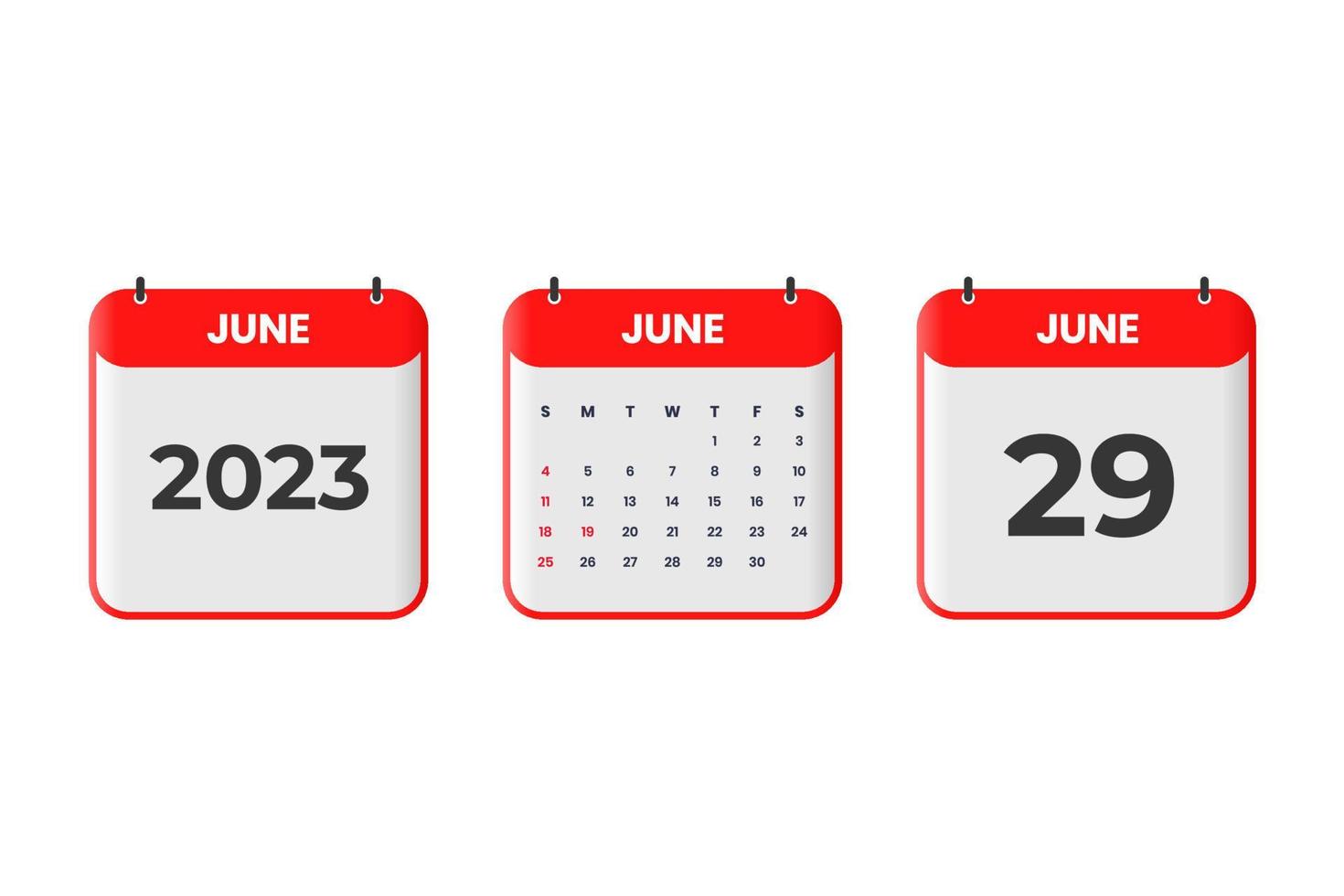 Diseño de calendario de junio de 2023. 29 de junio de 2023 icono de calendario para horario, cita, concepto de fecha importante vector